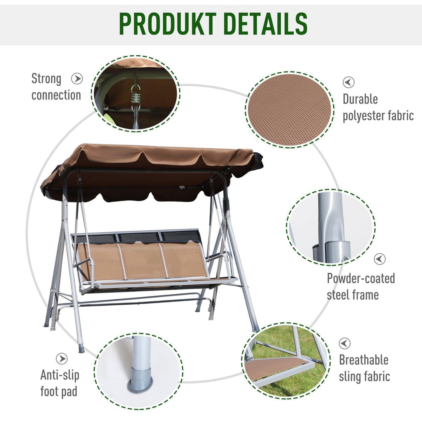 Outsunny Metal Swing Chair Bench 3 Seater Rock Shelter - Brown - ALL4U RETAILER LTD