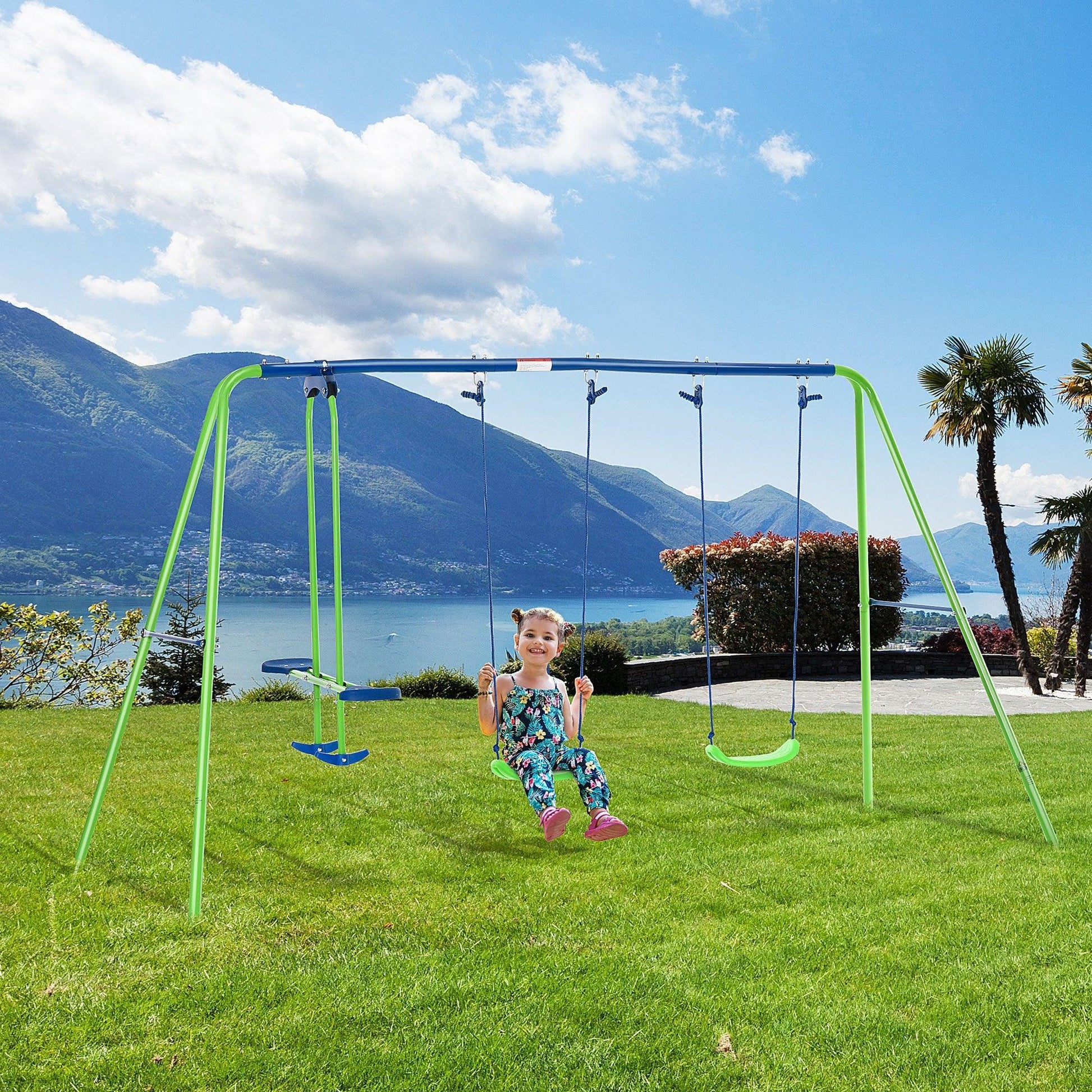 Outsunny Metal Swings & Seesaw Set - Adjustable Outdoor Play Set - ALL4U RETAILER LTD