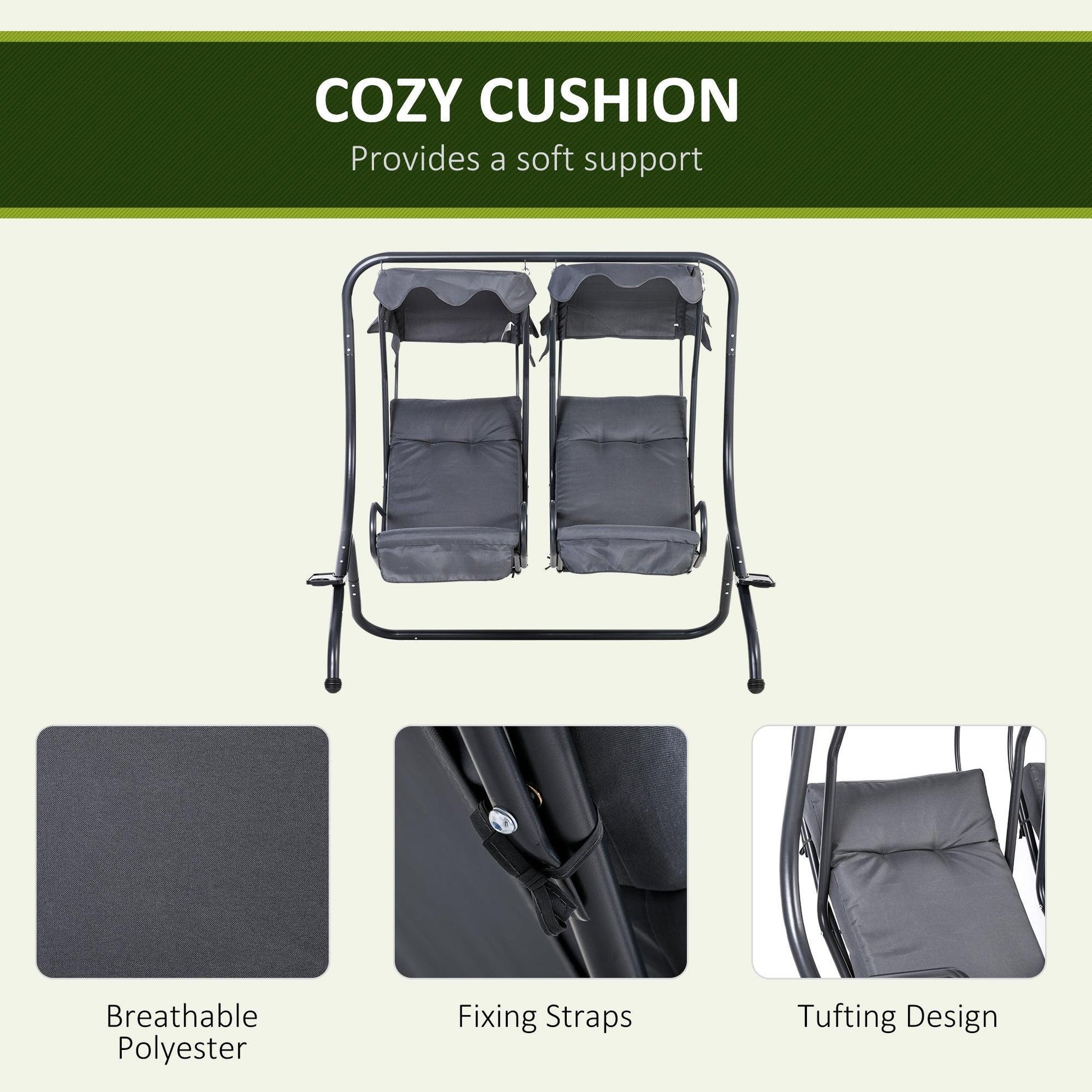 Outsunny Modern Canopy Swing Chairs with Removable Shade, Grey - ALL4U RETAILER LTD
