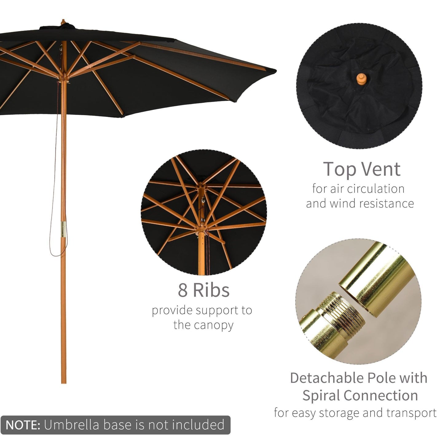 Outsunny 3m Black Bamboo Patio Umbrella - Sunshade Canopy - ALL4U RETAILER LTD