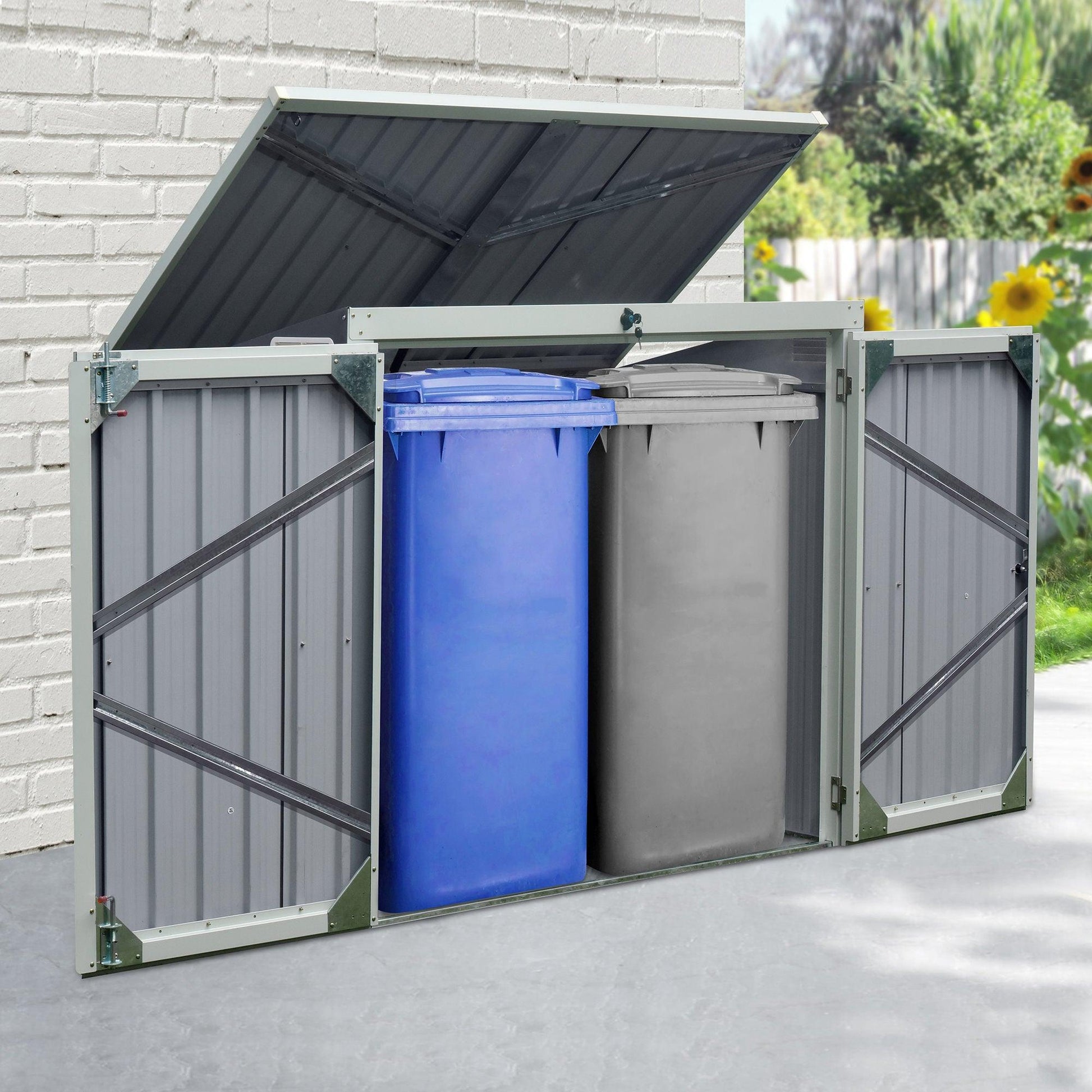 Outsunny Outdoor 2-Bin Steel Trash Shed - 5ft x 3ft - ALL4U RETAILER LTD