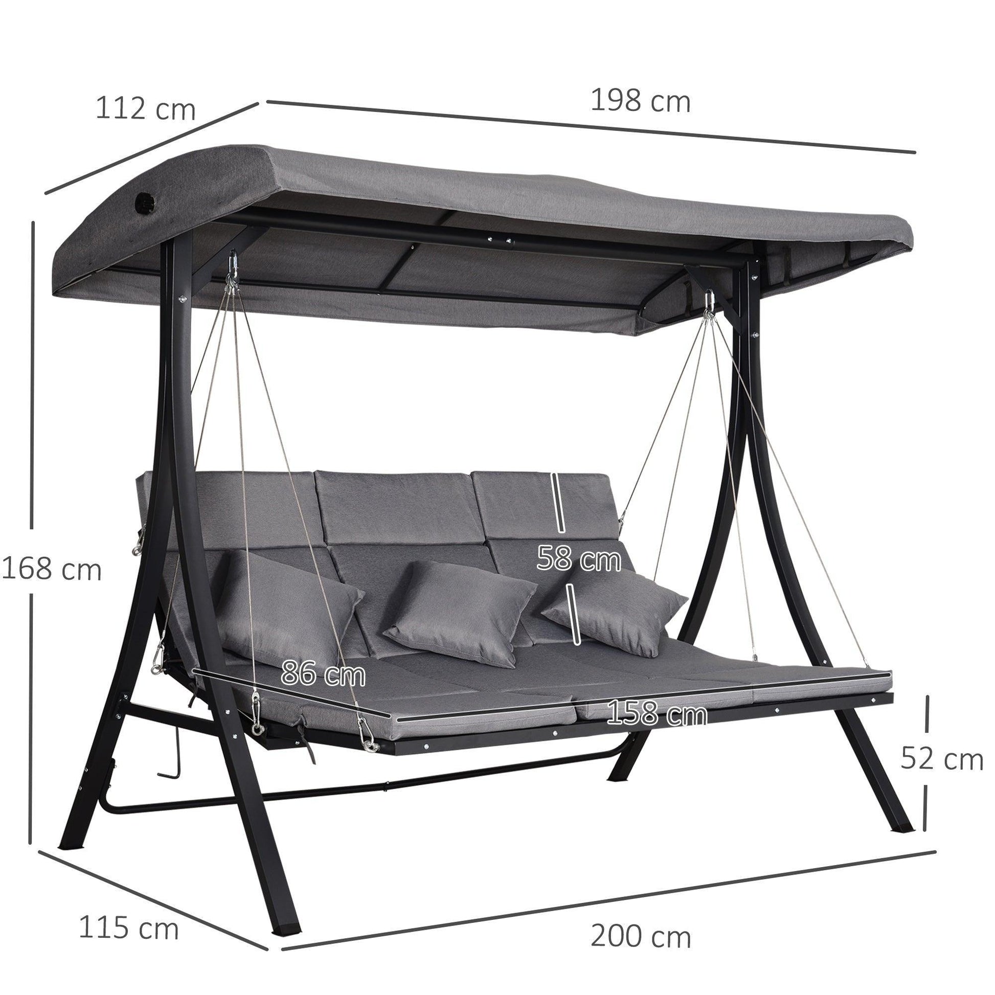 Outsunny Outdoor 3-Seater Swing Chair - Grey - ALL4U RETAILER LTD