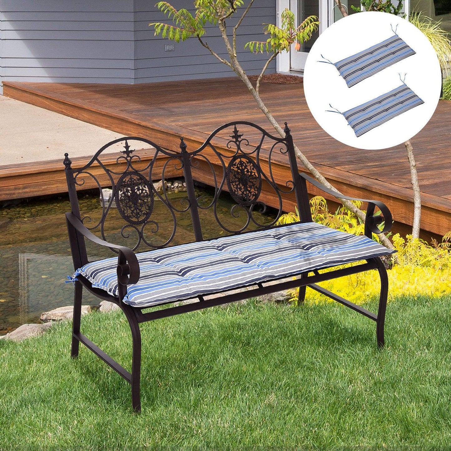 Outsunny Outdoor Bench Swing Cushion - Blue Stripes - ALL4U RETAILER LTD