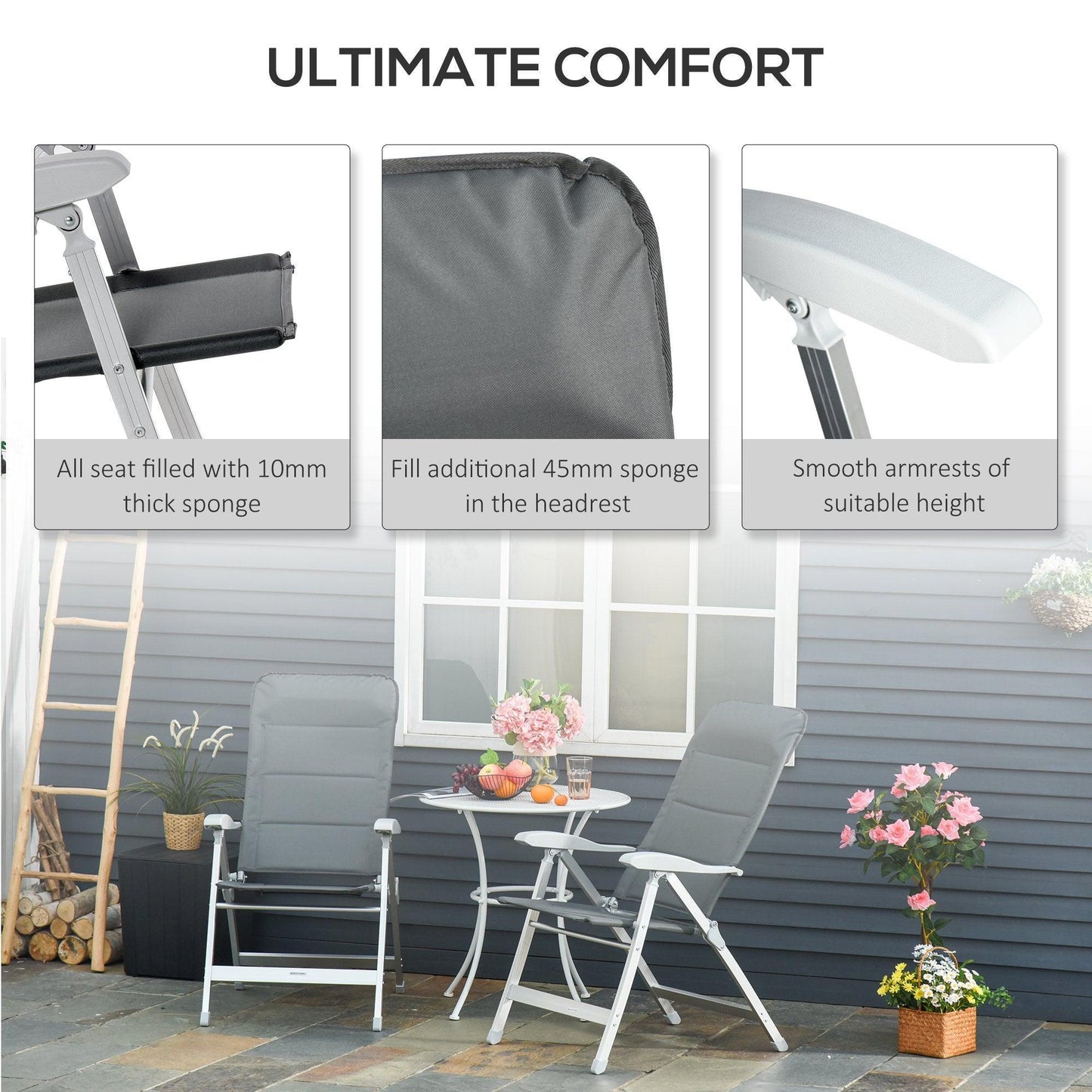 Outsunny Outdoor Folding Chairs with Adjustable Back & Armrest - Grey - ALL4U RETAILER LTD