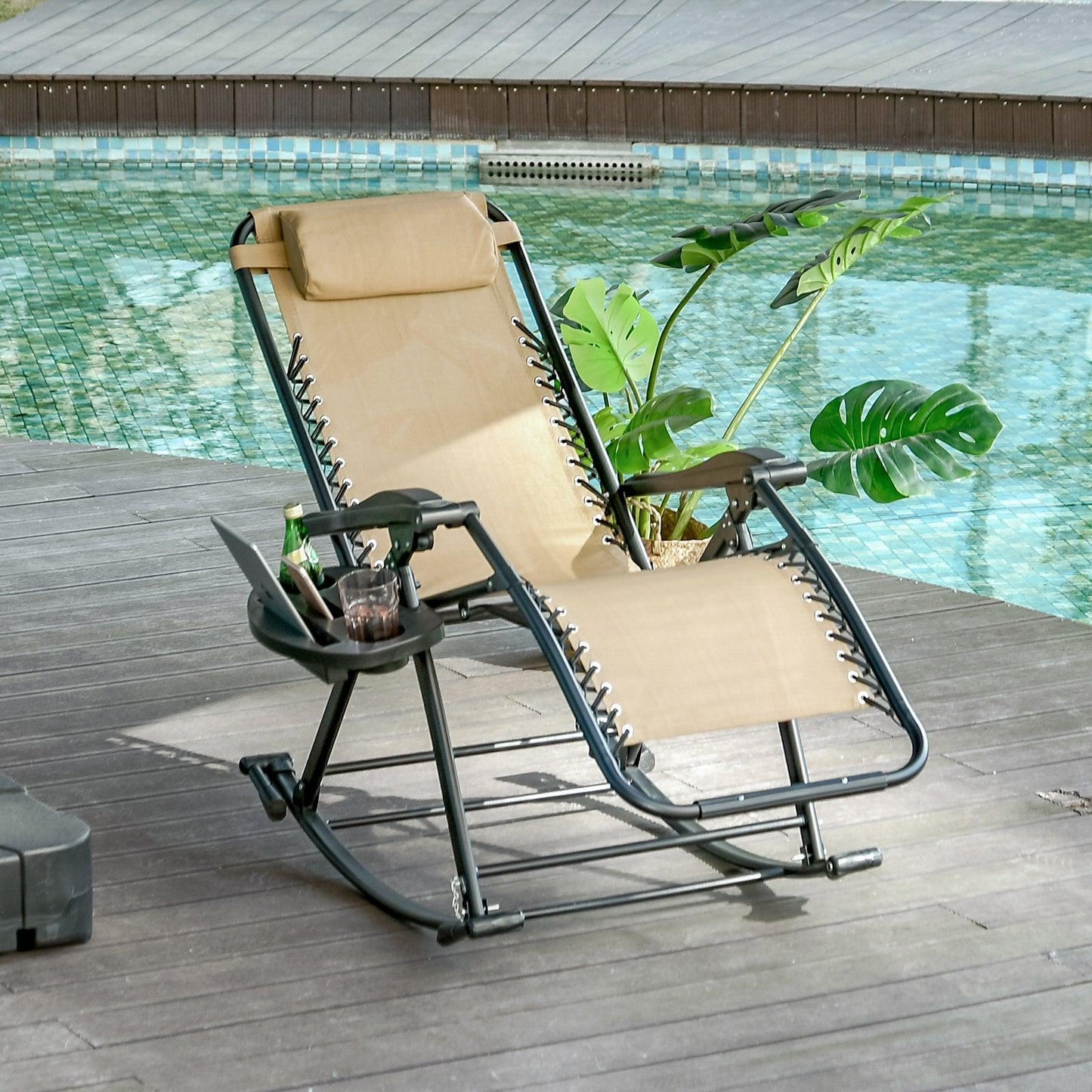 Outsunny Outdoor Folding Rocking Chair - Beige - ALL4U RETAILER LTD