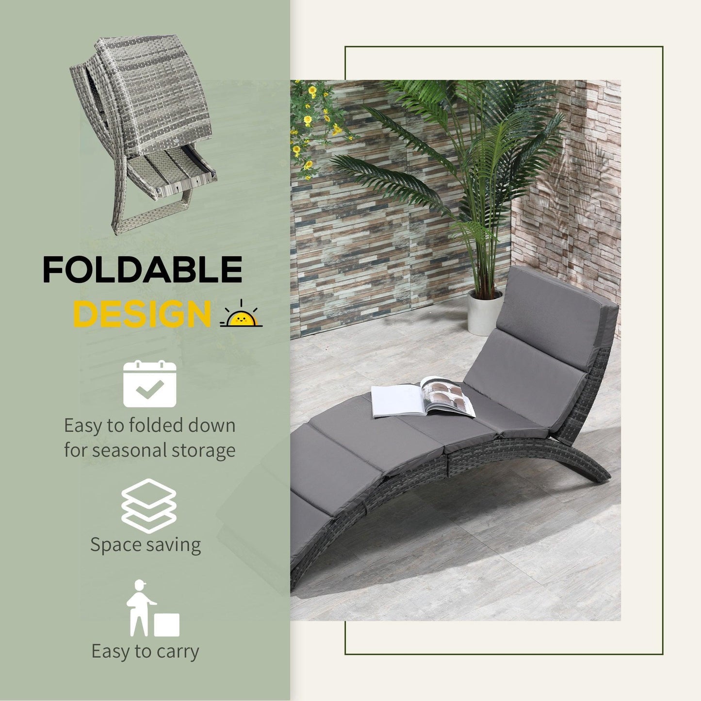 Outsunny Outdoor Grey Rattan Sun Lounger with Cushion - ALL4U RETAILER LTD