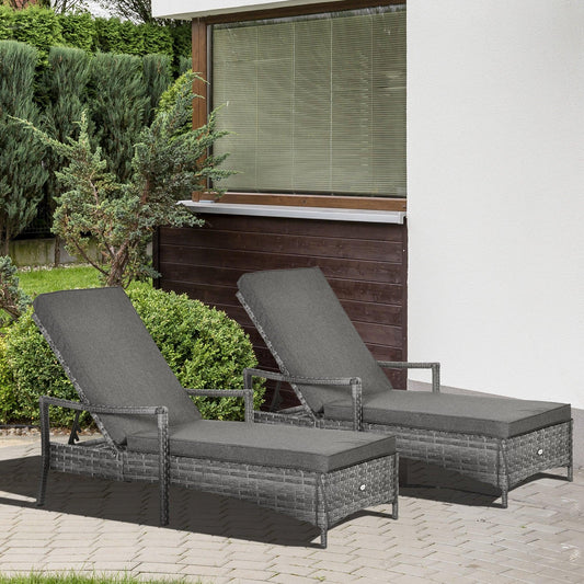 Outsunny Outdoor Grey Rattan Sun Loungers - Set of 2 - ALL4U RETAILER LTD