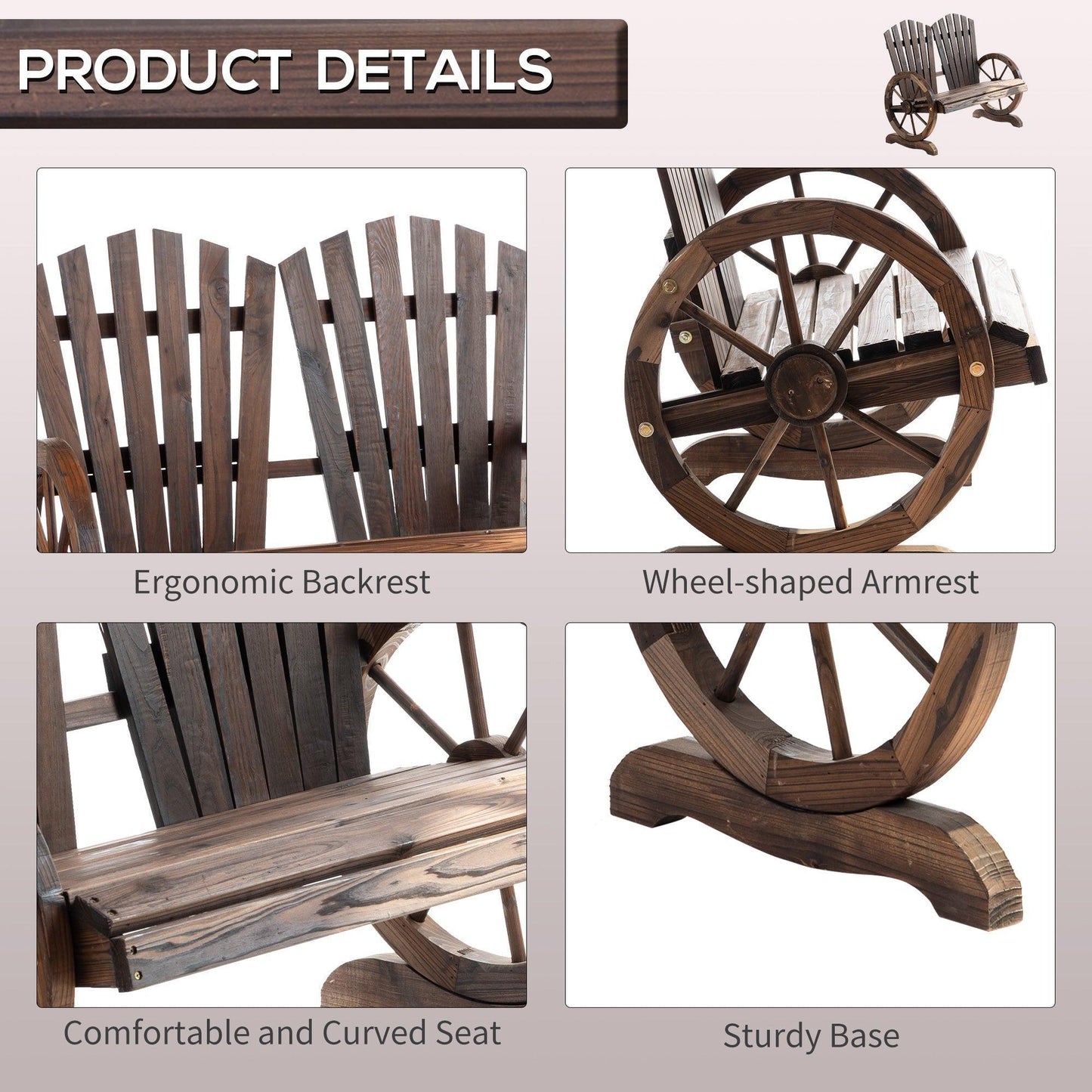 Outsunny Outdoor Log Love Seat with Wheel-Shaped Armrests - ALL4U RETAILER LTD