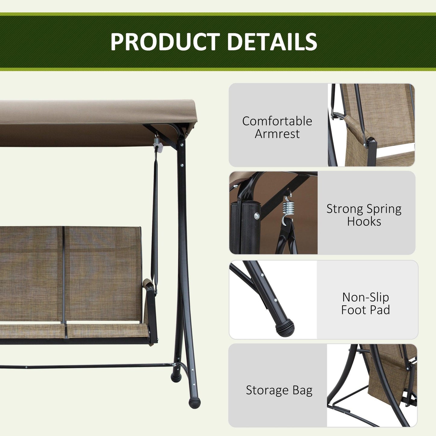 Outsunny Outdoor Patio Porch Swing Chair with Canopy - Brown - ALL4U RETAILER LTD