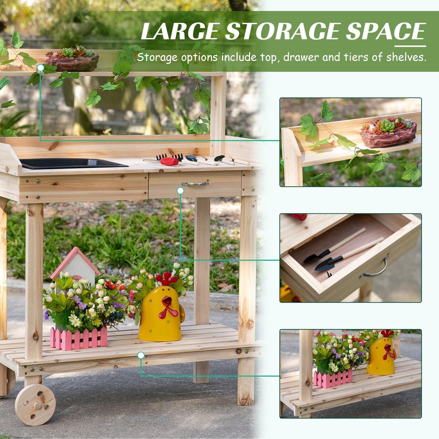 Outsunny Outdoor Potting Bench with Wheels, Sink & Storage - ALL4U RETAILER LTD