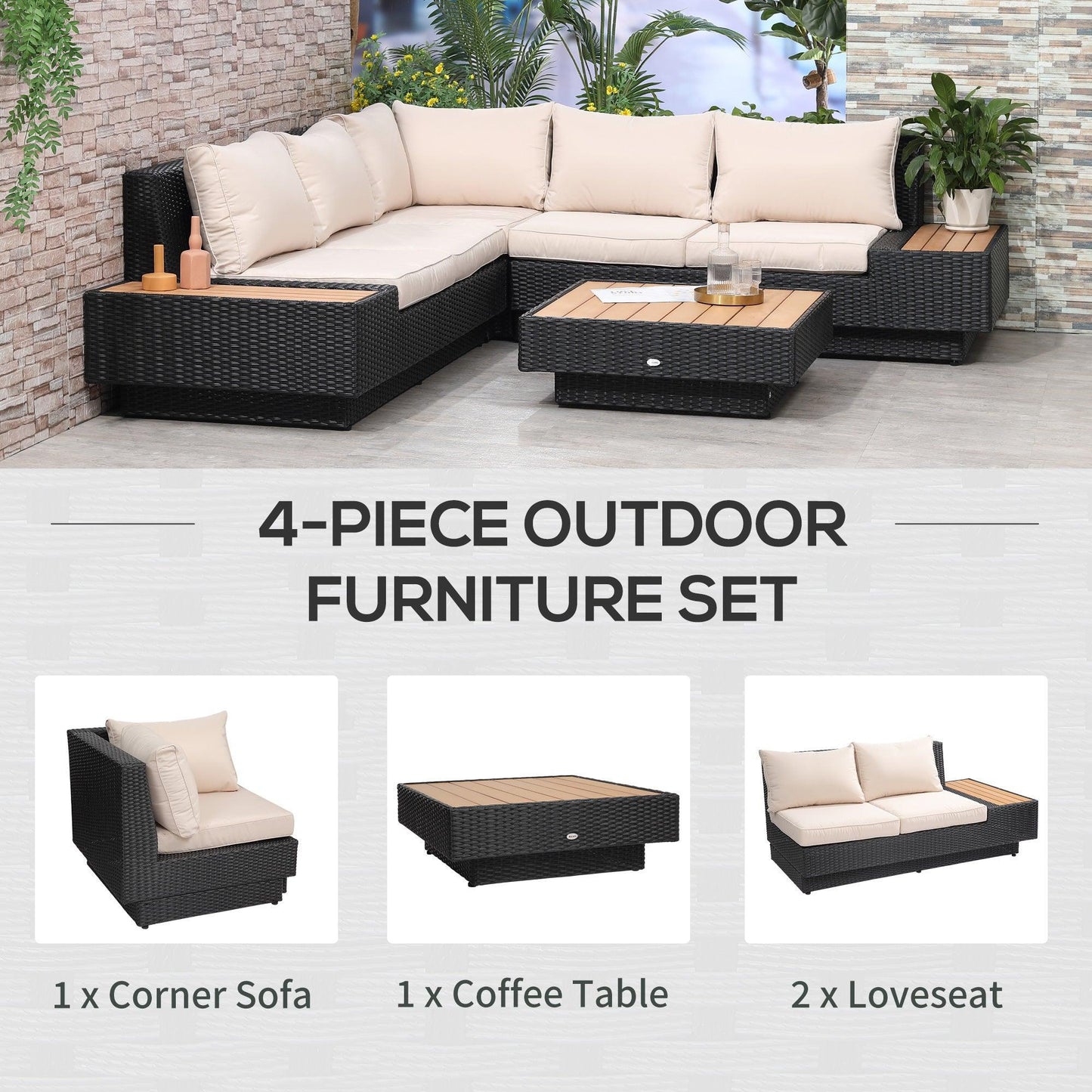 Outsunny Outdoor Rattan Corner Sofa Set with Coffee Table - ALL4U RETAILER LTD