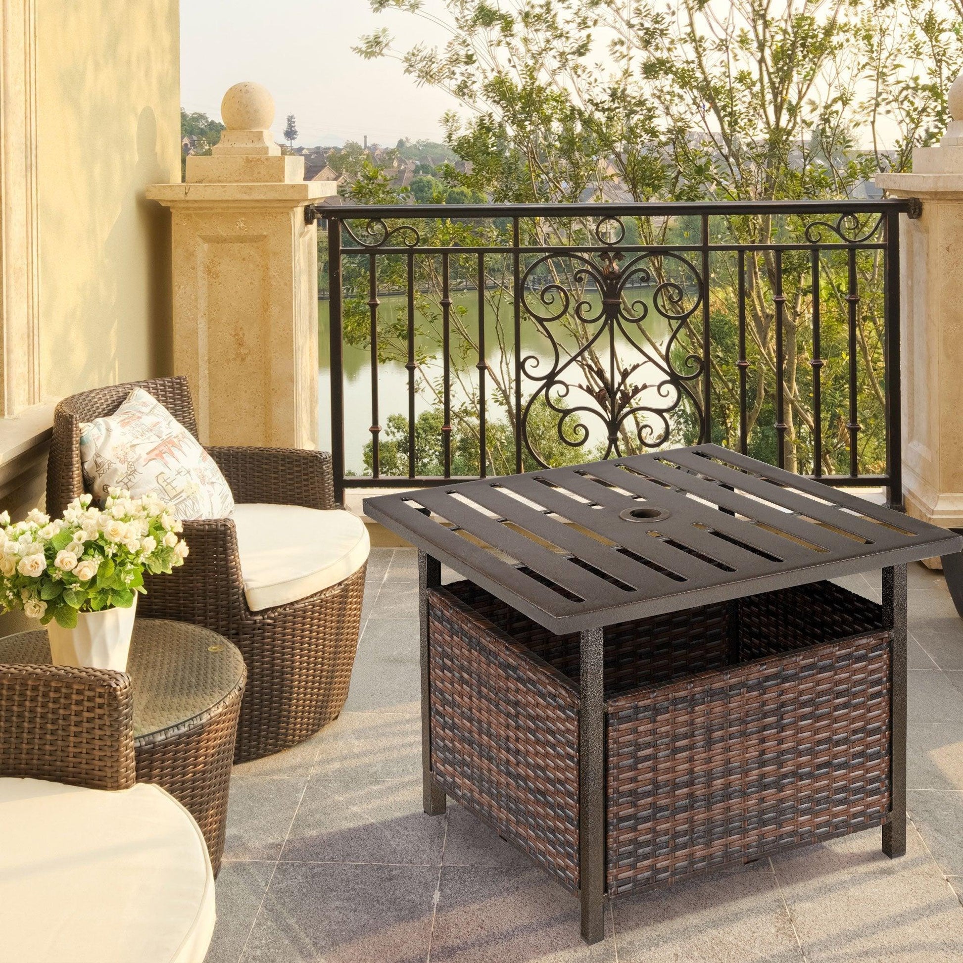 Outsunny Outdoor Rattan Patio Coffee Table with Umbrella Hole - Brown - ALL4U RETAILER LTD