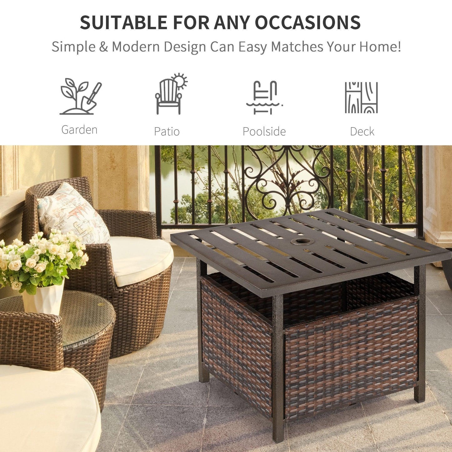 Outsunny Outdoor Rattan Patio Coffee Table with Umbrella Hole - Brown - ALL4U RETAILER LTD