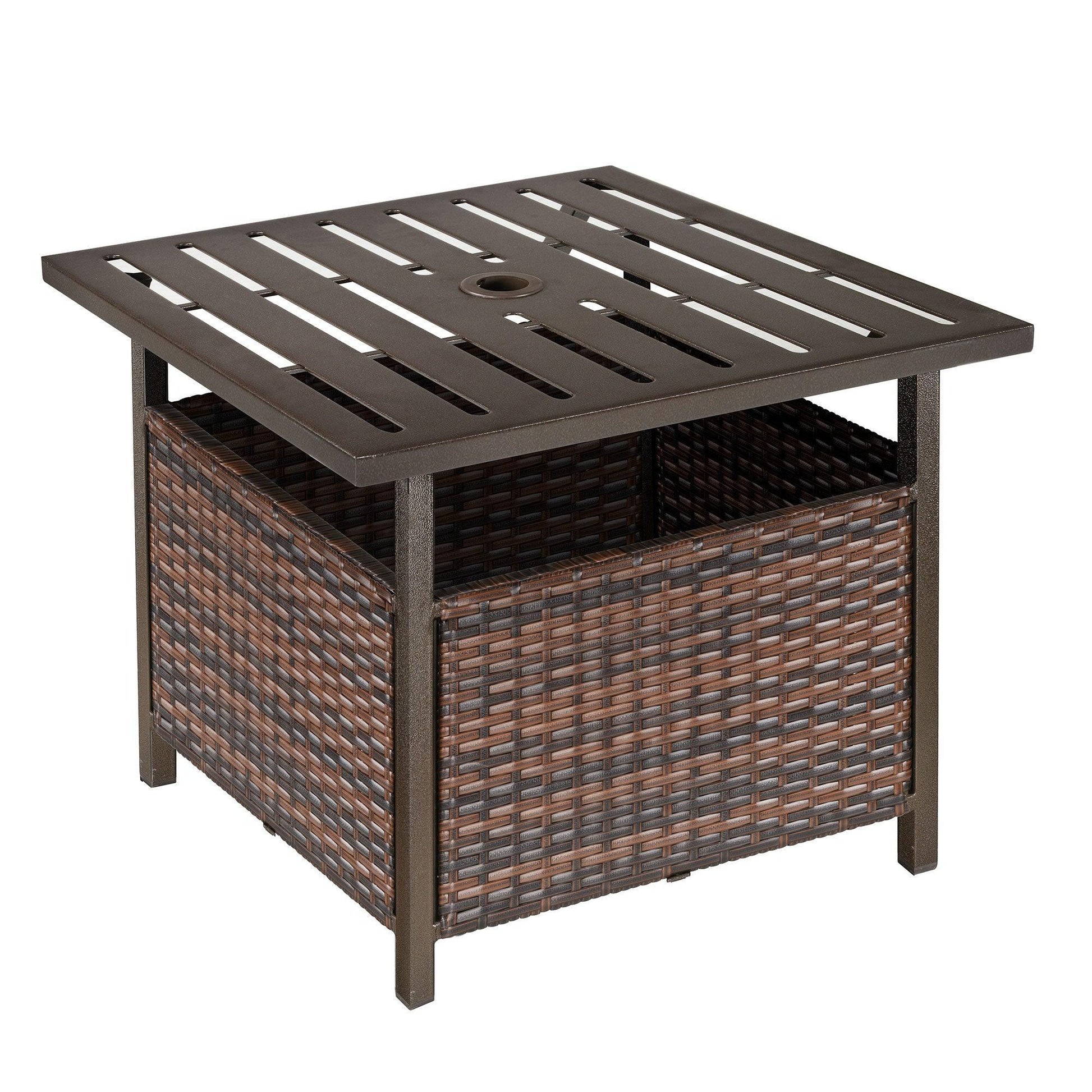 Outsunny Outdoor Rattan Patio Coffee Table with Umbrella Hole - Brown - ALL4U RETAILER LTD