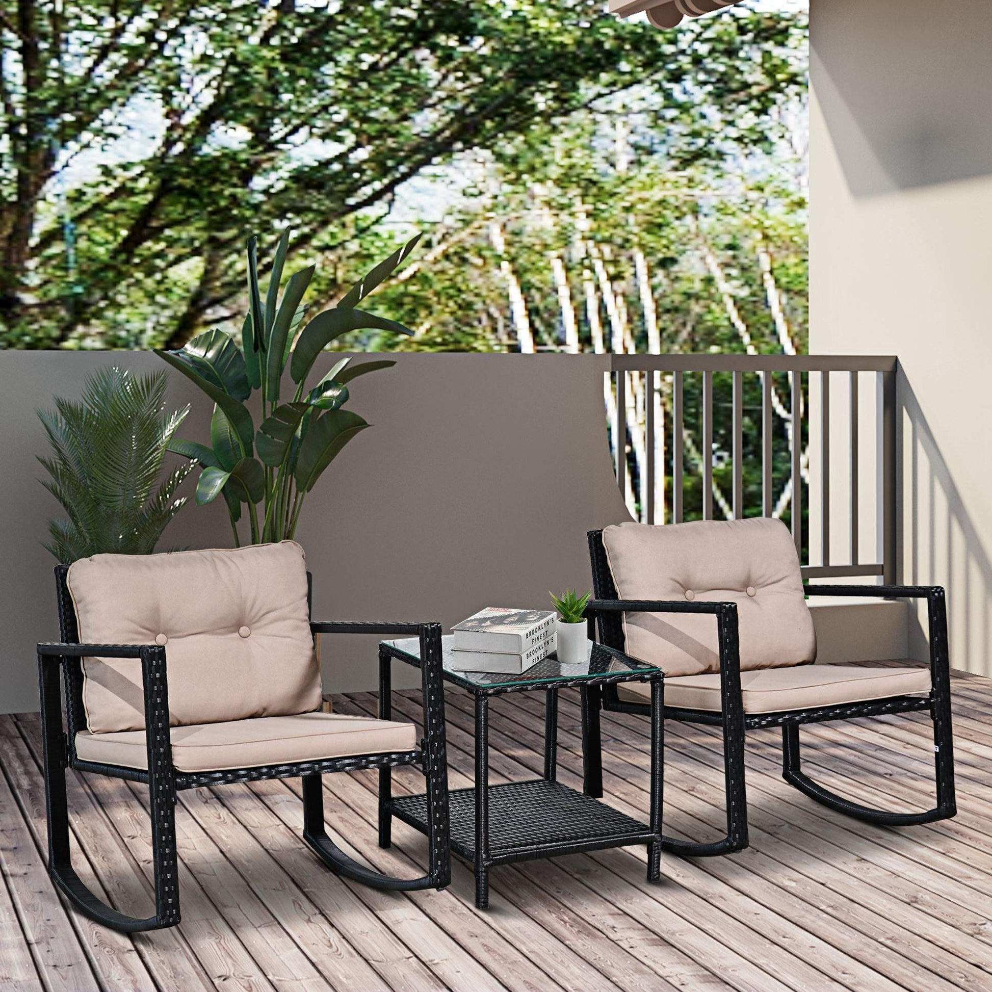 Outsunny Outdoor Rattan Rocking Set with Cushion - ALL4U RETAILER LTD