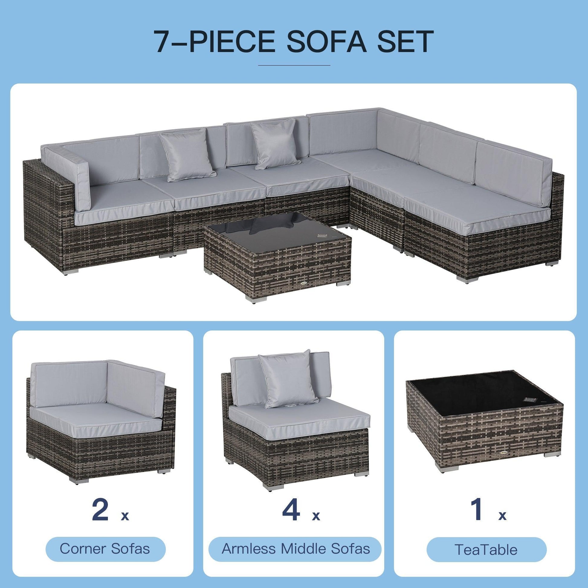 Outsunny Outdoor Rattan Sofa Set with Cushions - 7PC - ALL4U RETAILER LTD