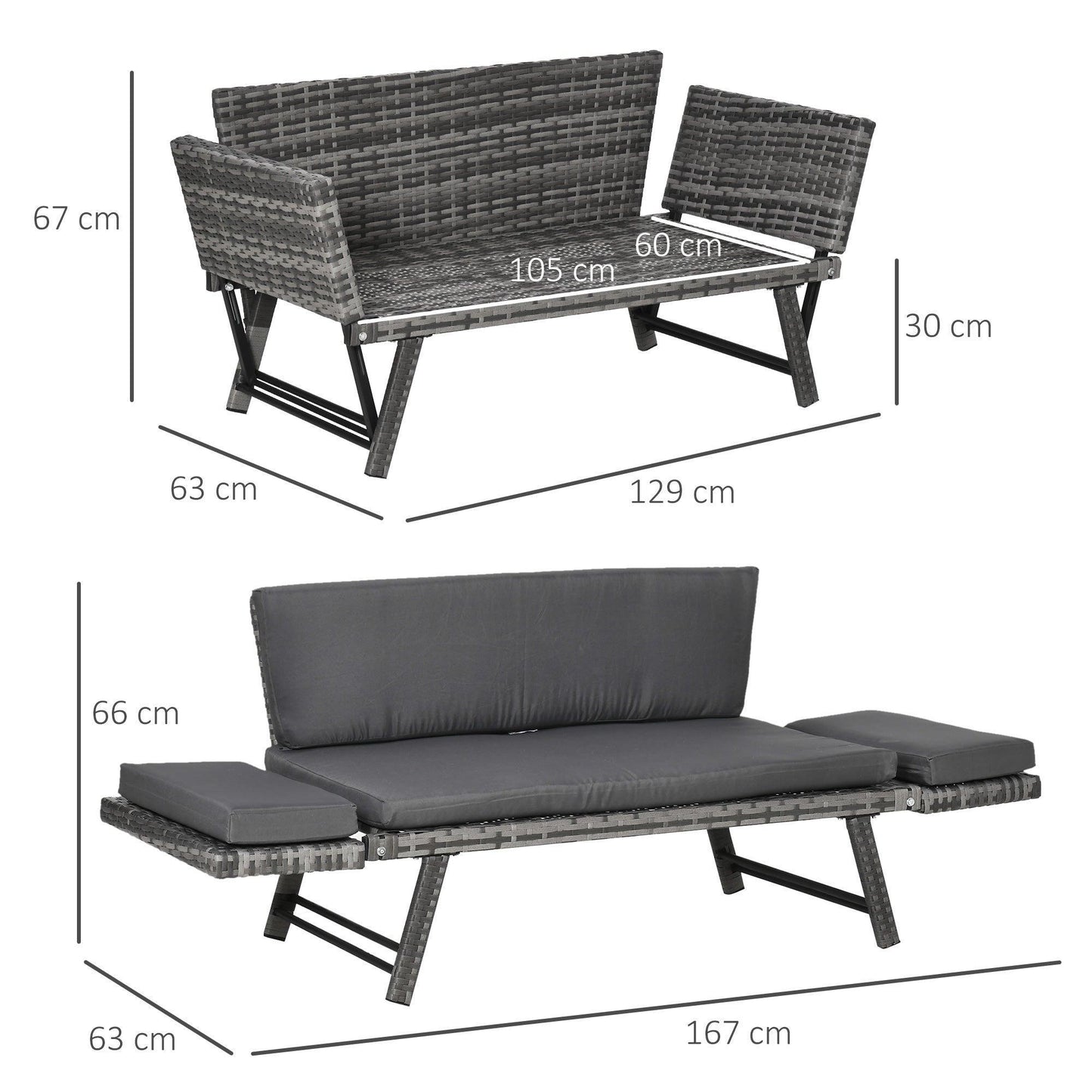 Outsunny Outdoor Rattan Sofabed with Cushion - Grey - ALL4U RETAILER LTD