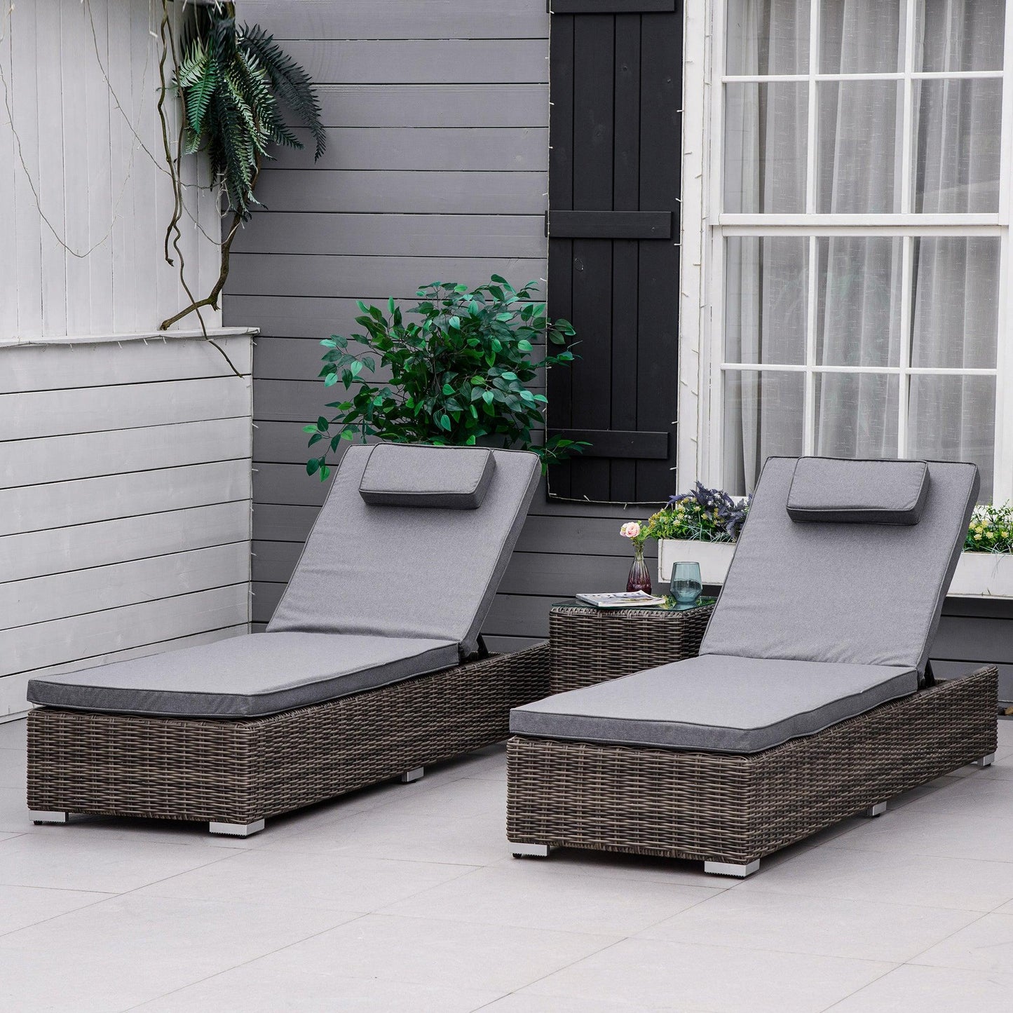 Outsunny Outdoor Rattan Sun Lounger Set with Table & Cushions - ALL4U RETAILER LTD