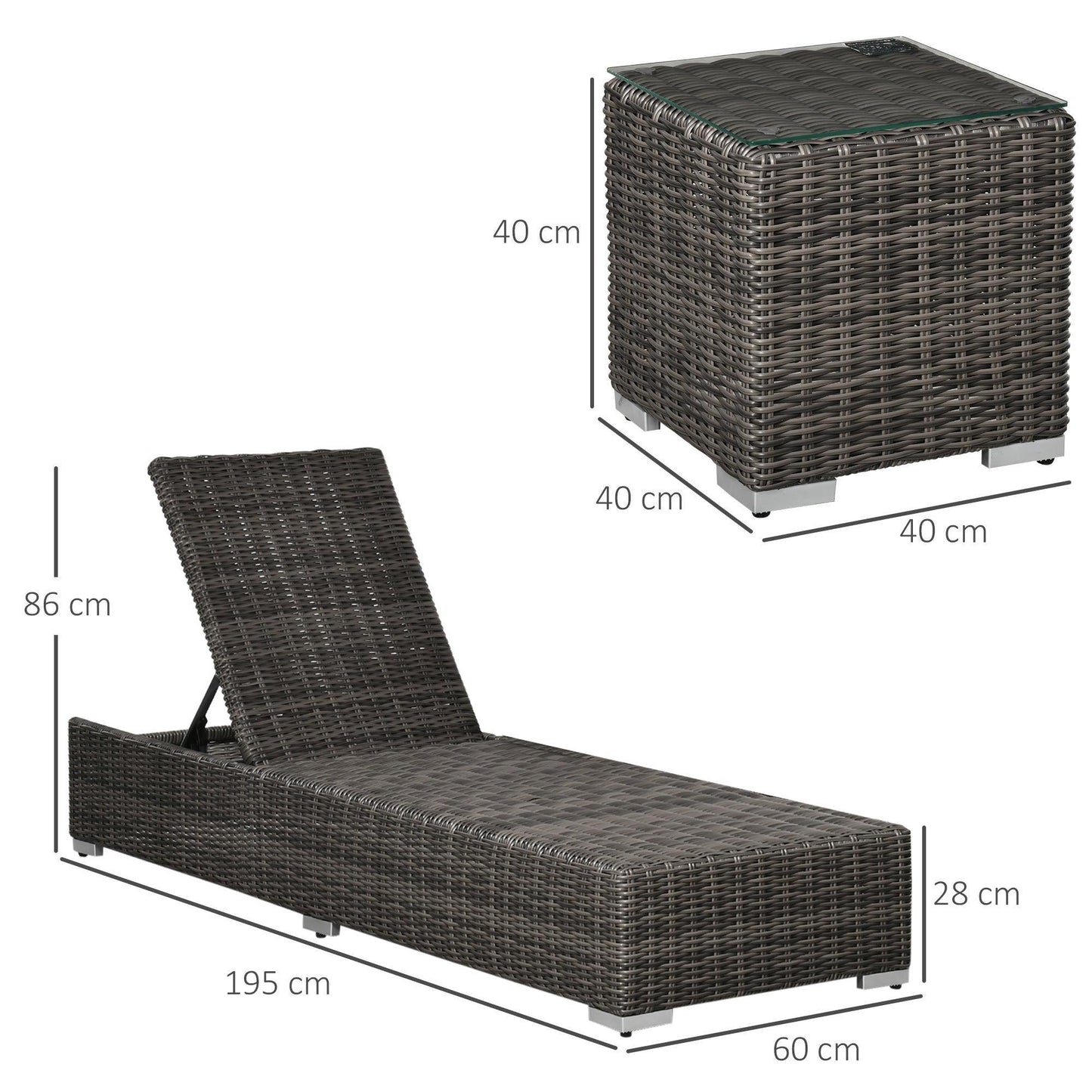 Outsunny Outdoor Rattan Sun Lounger Set with Table & Cushions - ALL4U RETAILER LTD