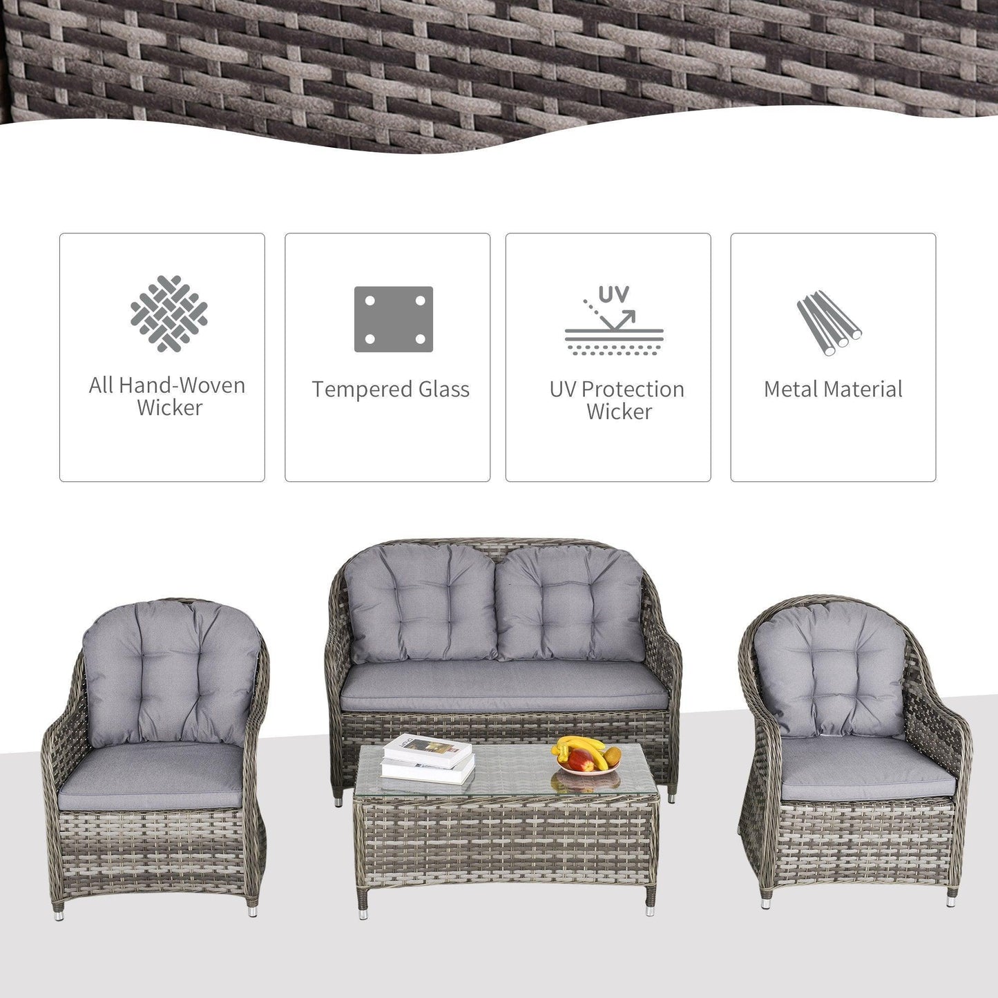 Outsunny Outdoor Rattan Wicker Patio Sofa Set - Grey - ALL4U RETAILER LTD