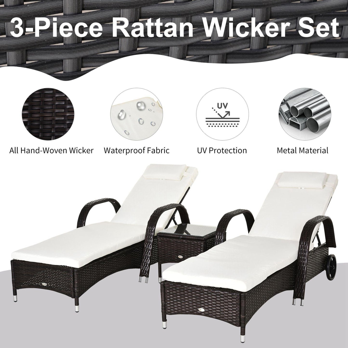 Outsunny Outdoor Recliner Set: 3-Pc PE Rattan Patio Loungers - ALL4U RETAILER LTD