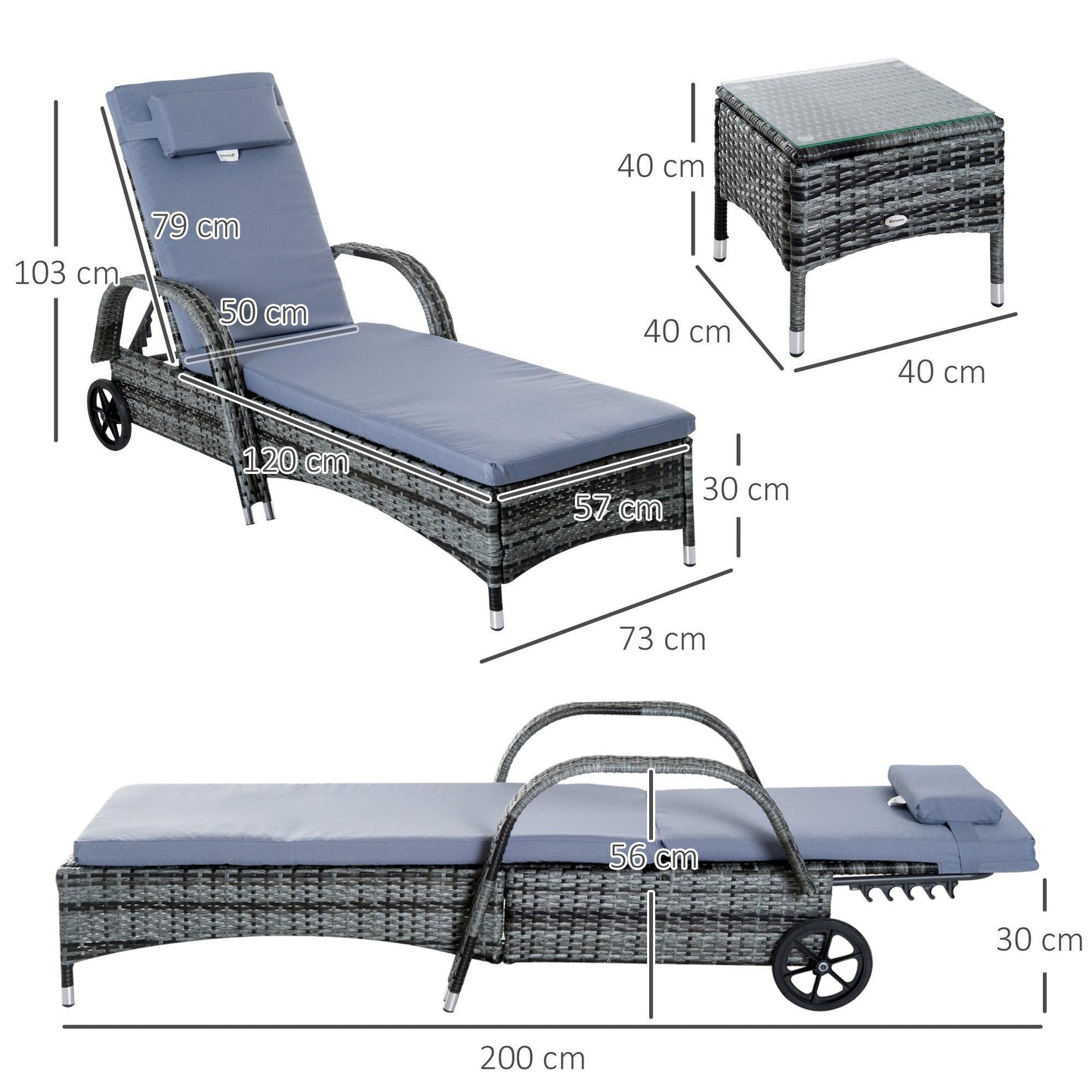 Outsunny Outdoor Reclining Chair Set with Table - Grey - ALL4U RETAILER LTD