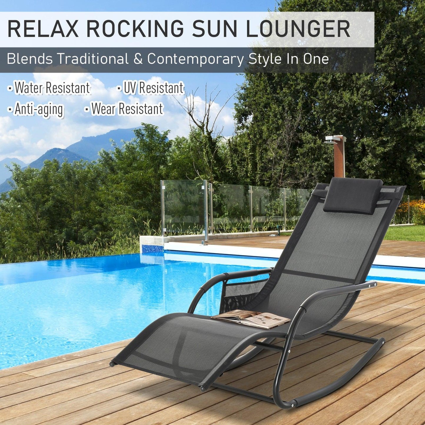 Outsunny Outdoor Rocking Chair with Removable Headrest - Black - ALL4U RETAILER LTD