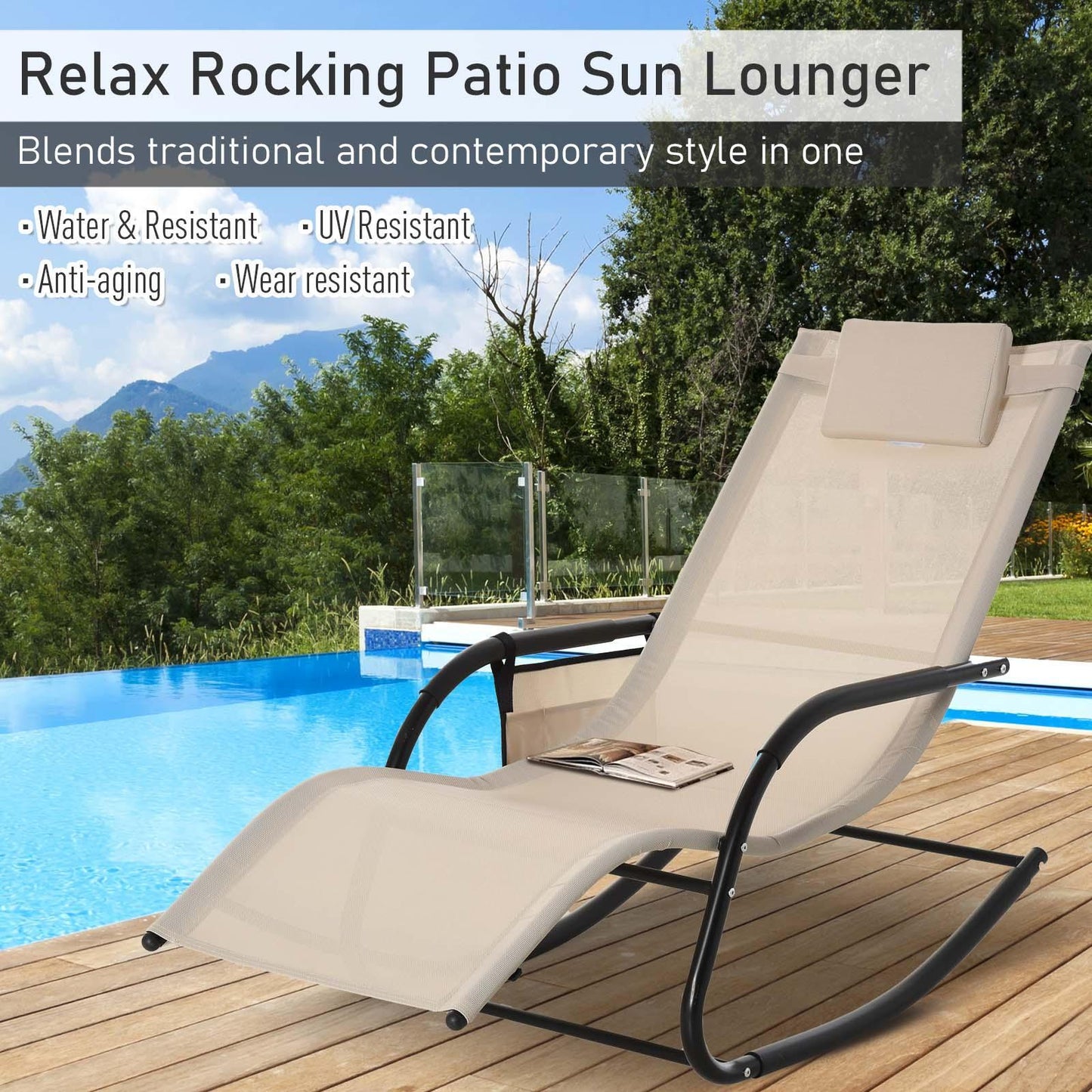 Outsunny Outdoor Rocking Chair with Removable Headrest - Cream White - ALL4U RETAILER LTD