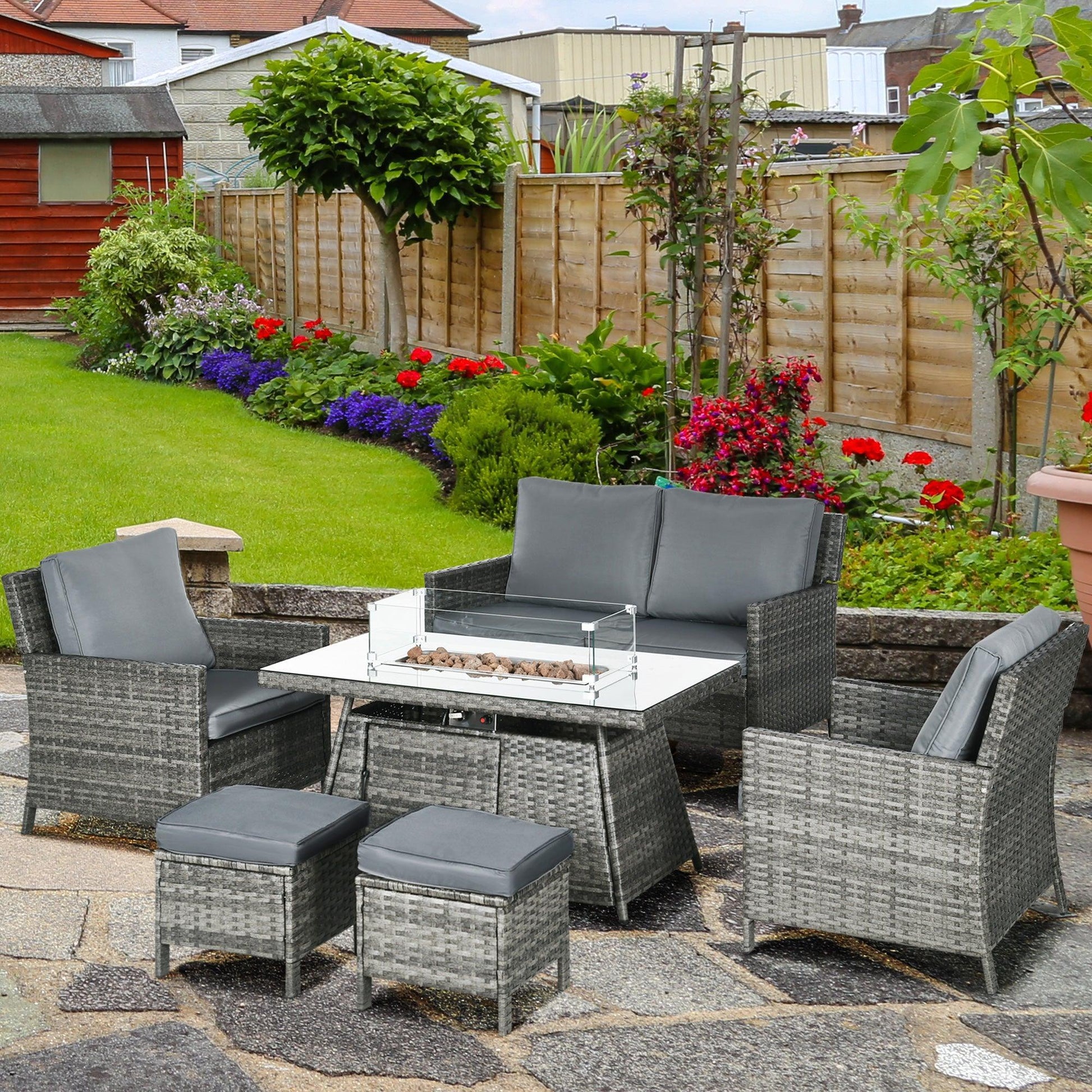 Outsunny Outdoor Set: 6-Seater Rattan Furniture with Fire Pit - ALL4U RETAILER LTD
