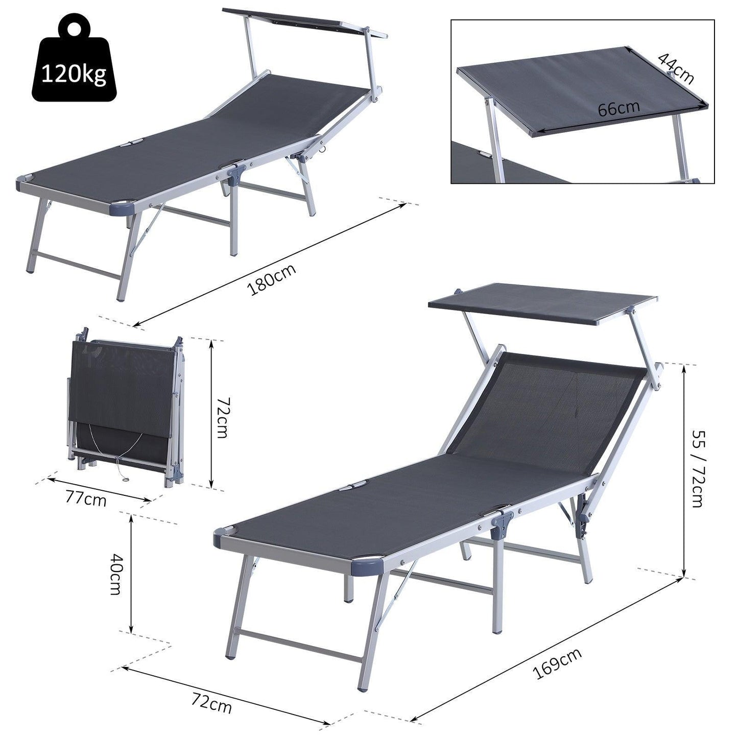 Outsunny Outdoor Sun Lounger with Adjustable Canopy - Grey - ALL4U RETAILER LTD