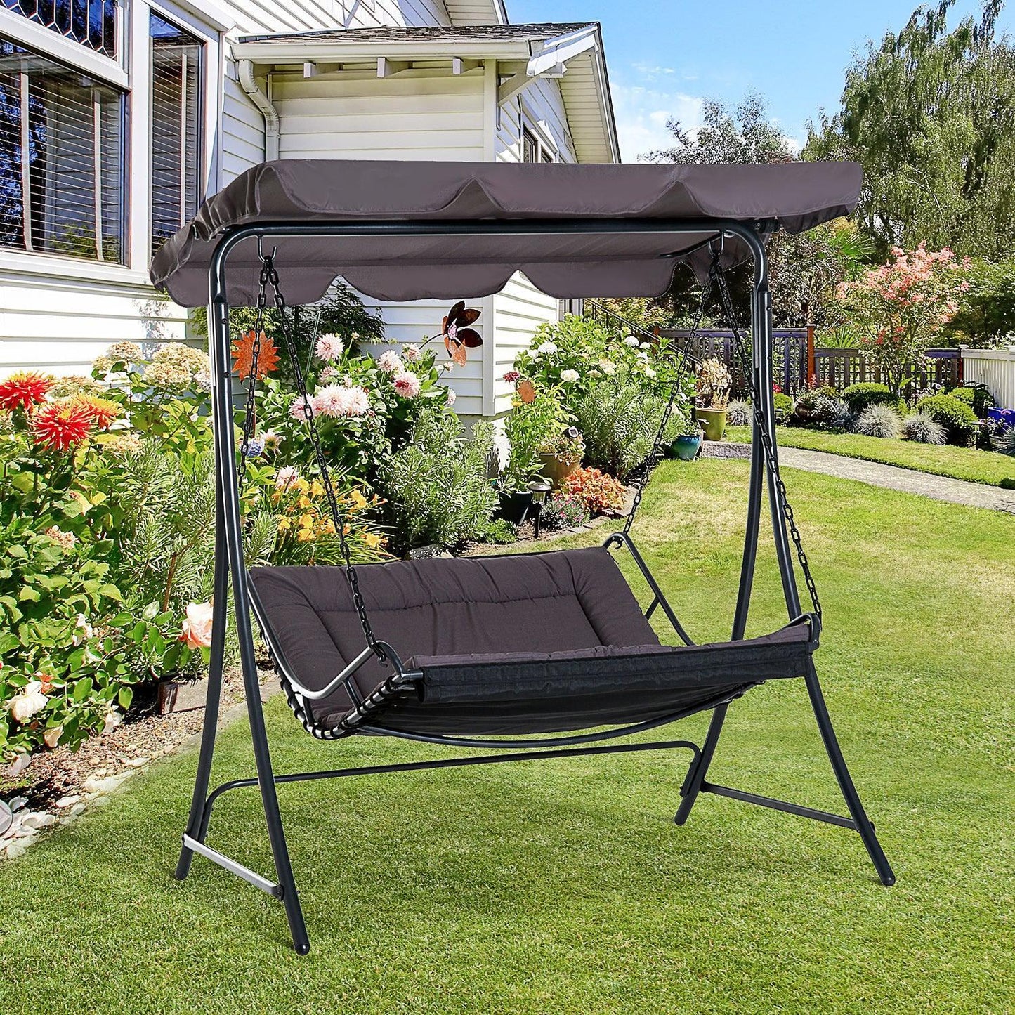 Outsunny Outdoor Swing Chair Double Hammock with Canopy - Grey - ALL4U RETAILER LTD