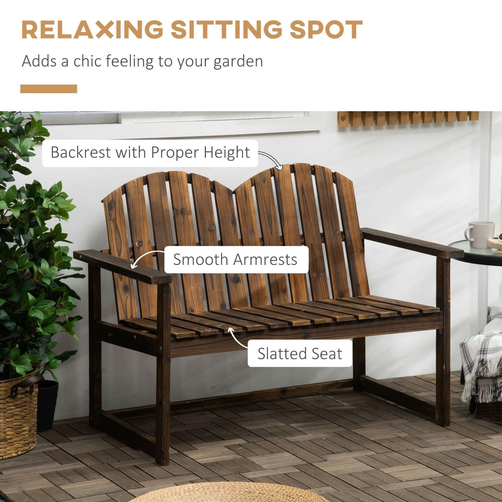 Outsunny Outdoor Wooden Garden Bench, Slatted Backrest, Armrests - ALL4U RETAILER LTD