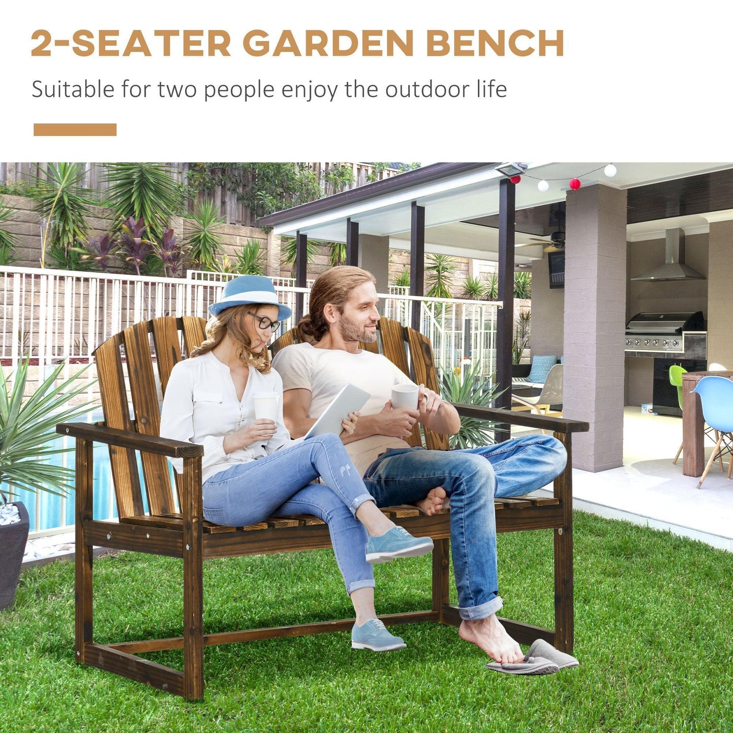 Outsunny Outdoor Wooden Garden Bench, Slatted Backrest, Armrests - ALL4U RETAILER LTD