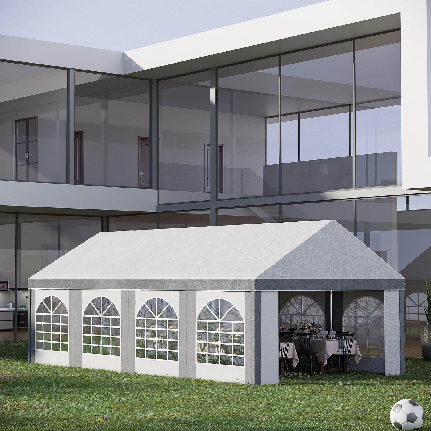 Large party tent gazebo with white roof, gray frame, and white side panels with arched windows