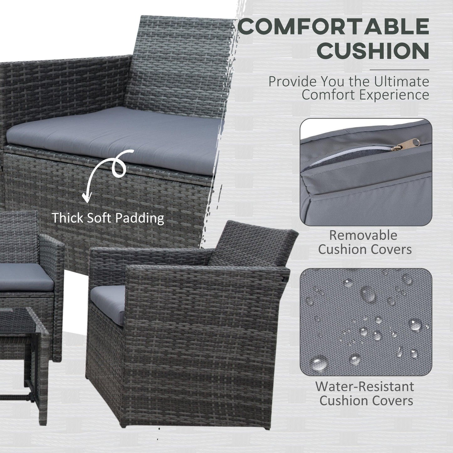 Outsunny Patio Sofa Set - Grey Rattan 4-Piece Furniture - ALL4U RETAILER LTD