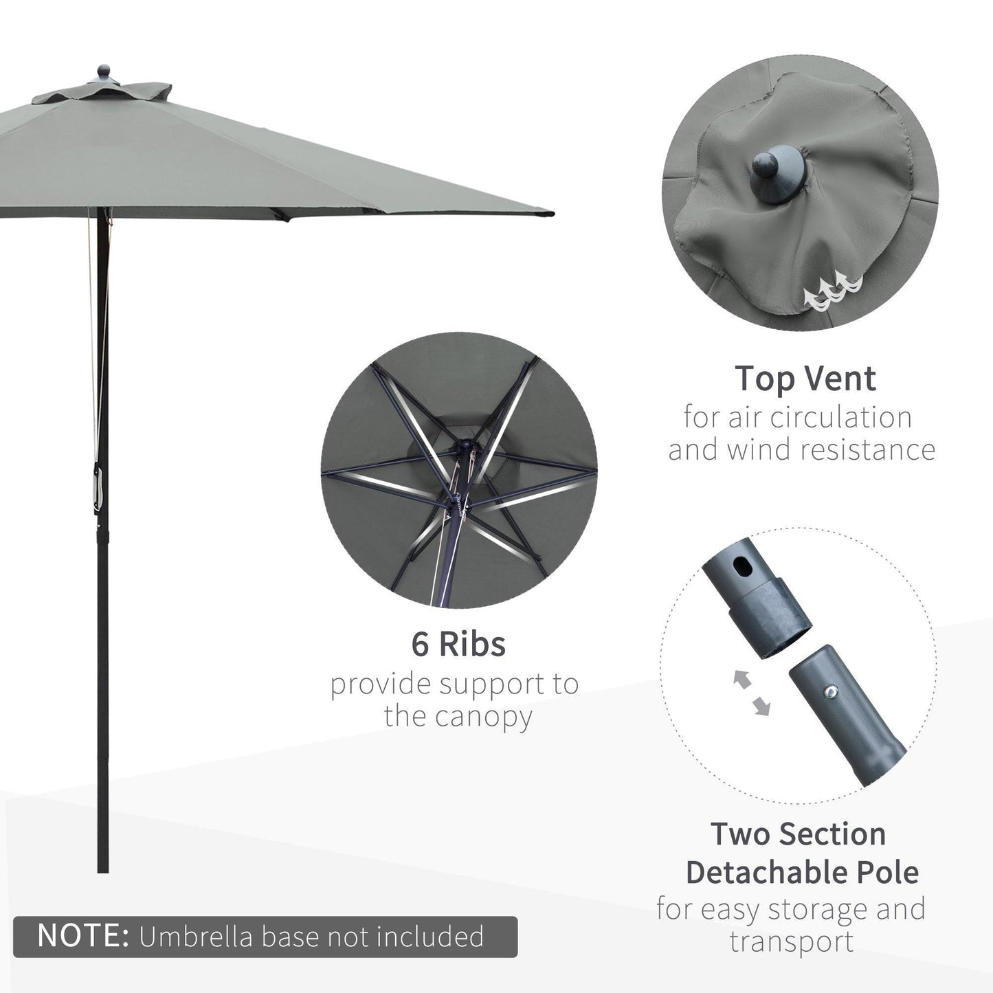 Outsunny Patio Umbrella - 6 Ribs, Dark Grey - ALL4U RETAILER LTD