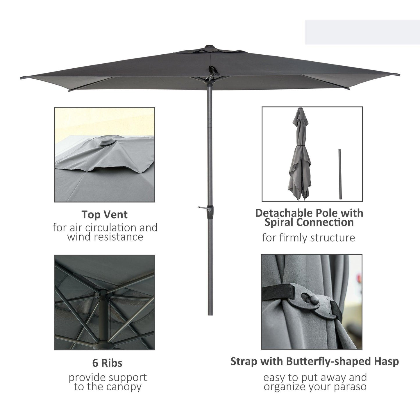 Outsunny Patio Umbrella - Dark Grey, 3x2m - ALL4U RETAILER LTD