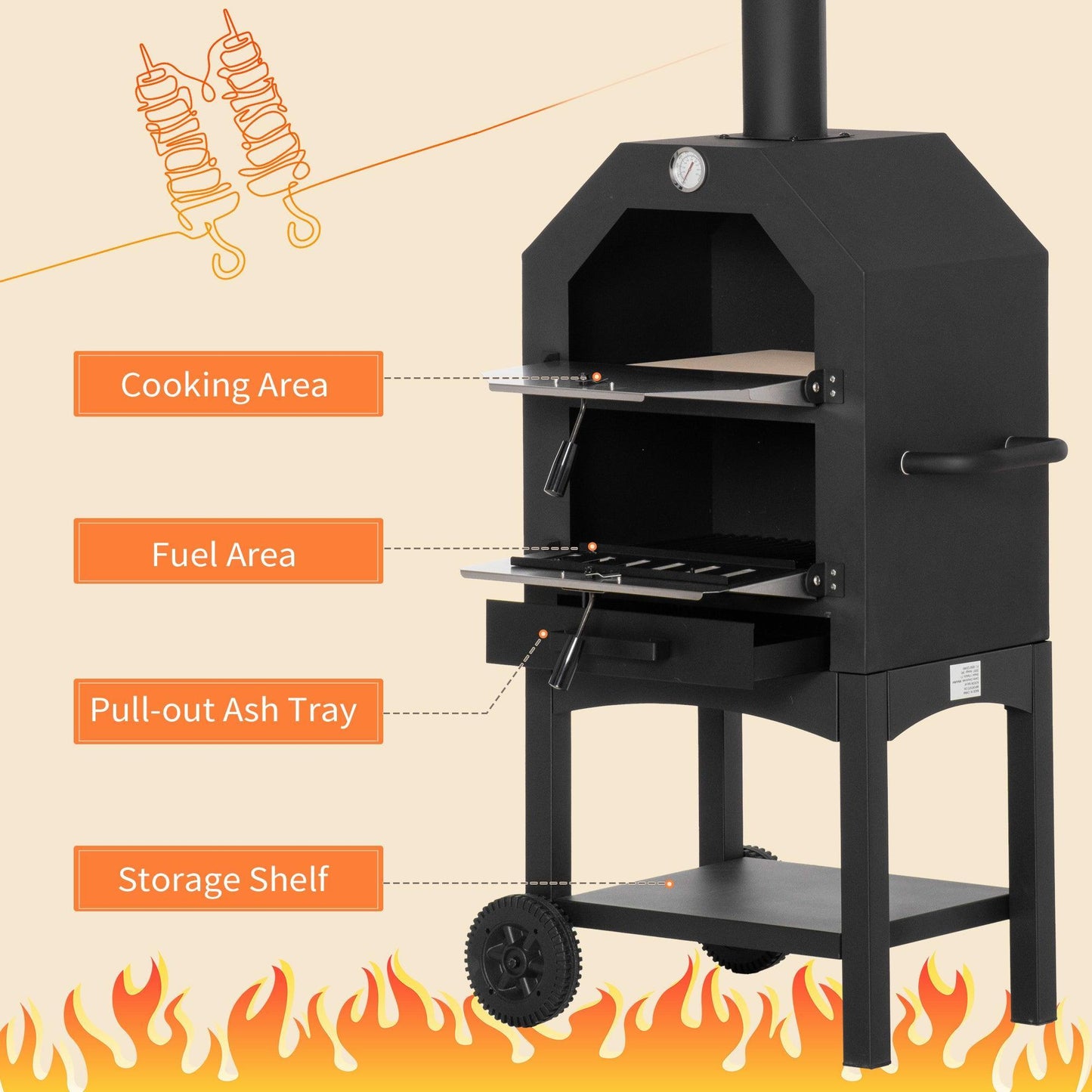 Outsunny Pizza Oven BBQ Grill - Charcoal, Freestanding with Chimney - ALL4U RETAILER LTD