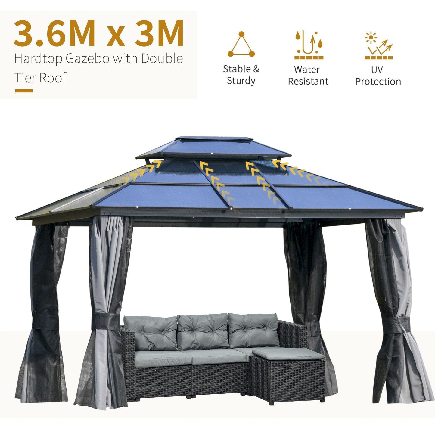 Outsunny Polycarbonate Gazebo - Double-Tier Roof & Aluminum Frame - ALL4U RETAILER LTD