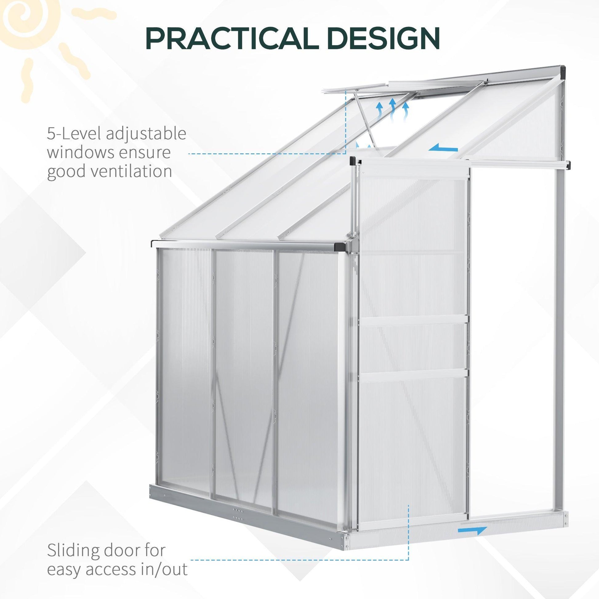 Outsunny Polycarbonate Lean-to Greenhouse 6x4 ft - Adjustable Roof - ALL4U RETAILER LTD