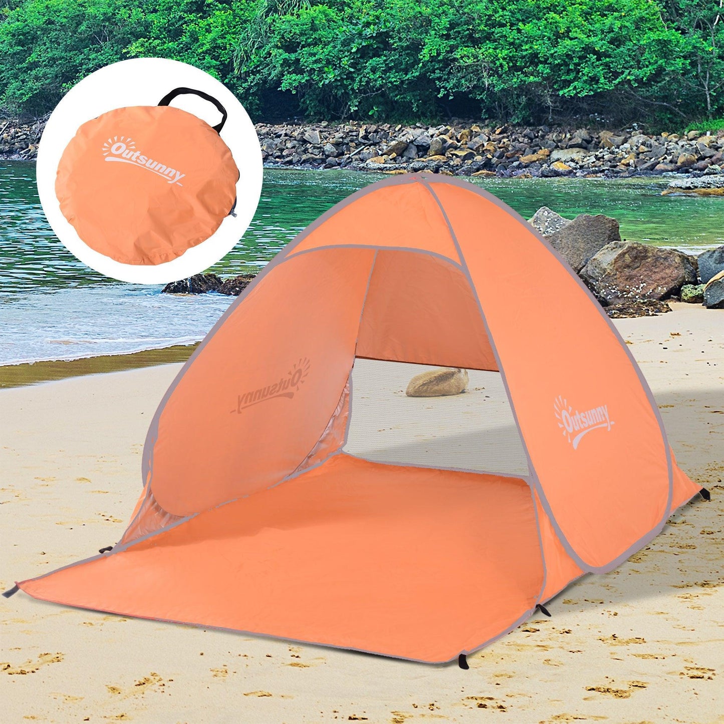 Outsunny Pop-up Beach Tent, UV Protection for 2, Orange - ALL4U RETAILER LTD