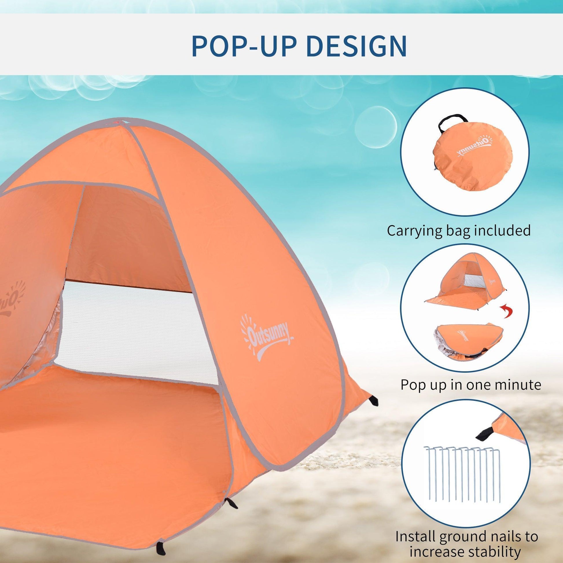 Outsunny Pop-up Beach Tent, UV Protection for 2, Orange - ALL4U RETAILER LTD