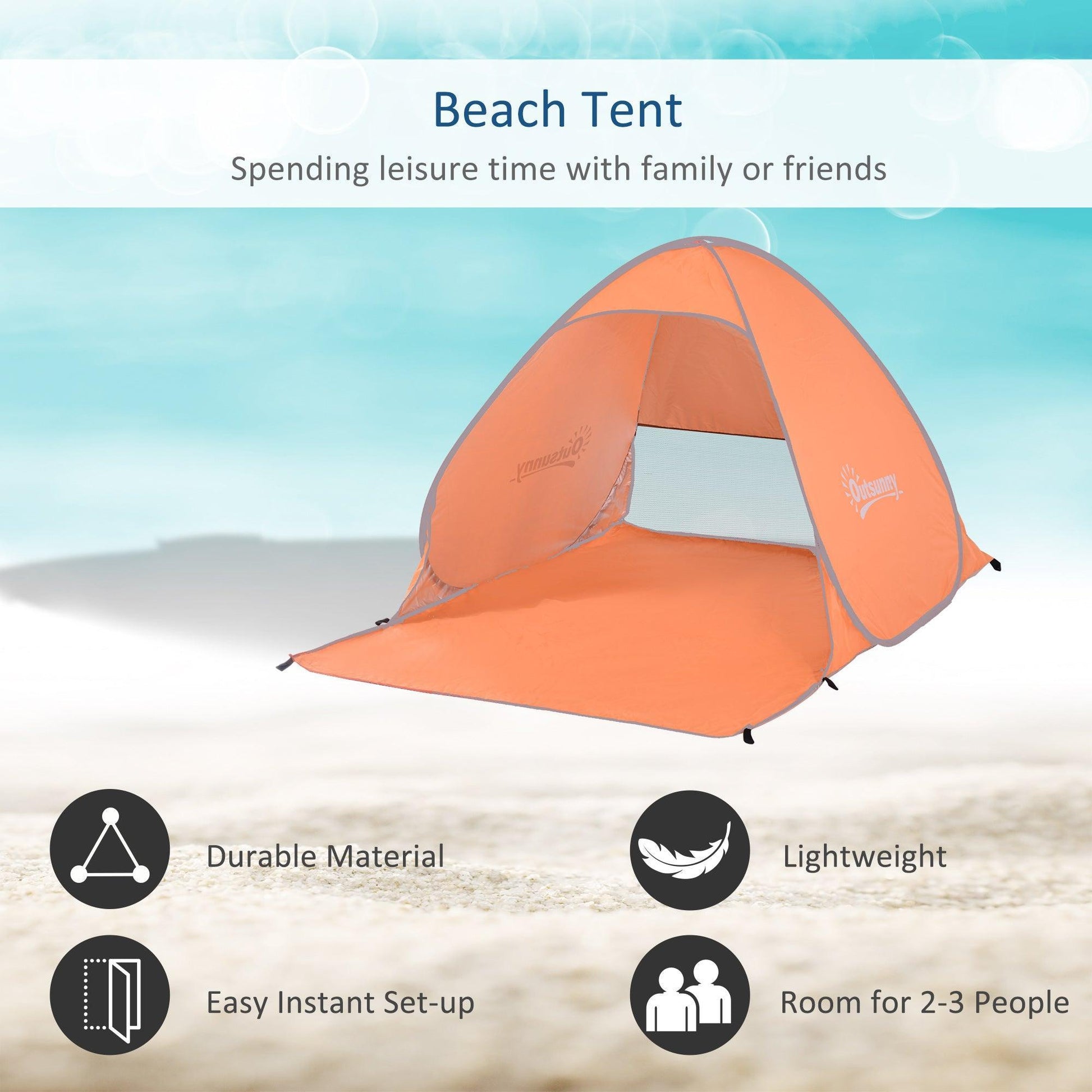 Outsunny Pop-up Beach Tent, UV Protection for 2, Orange - ALL4U RETAILER LTD