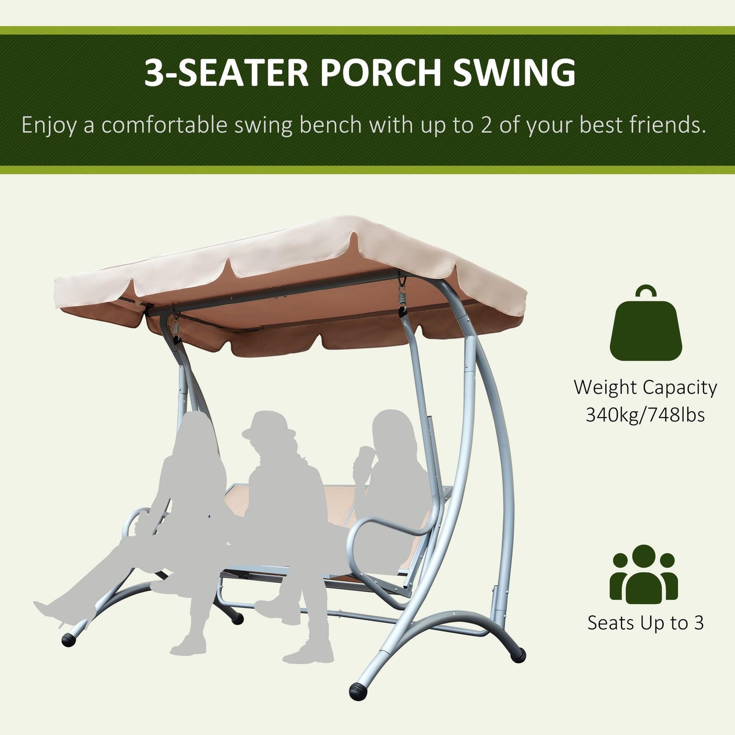 Outsunny Porch Swing Chair with Canopy - Beige - ALL4U RETAILER LTD