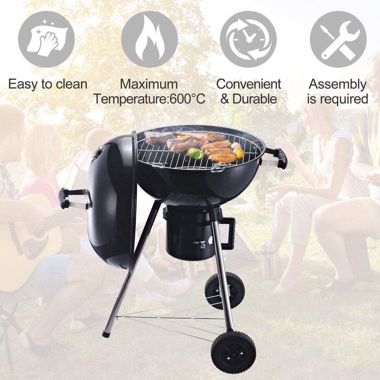 Outsunny Portable Charcoal BBQ Grill with Shelves & Thermometer - ALL4U RETAILER LTD