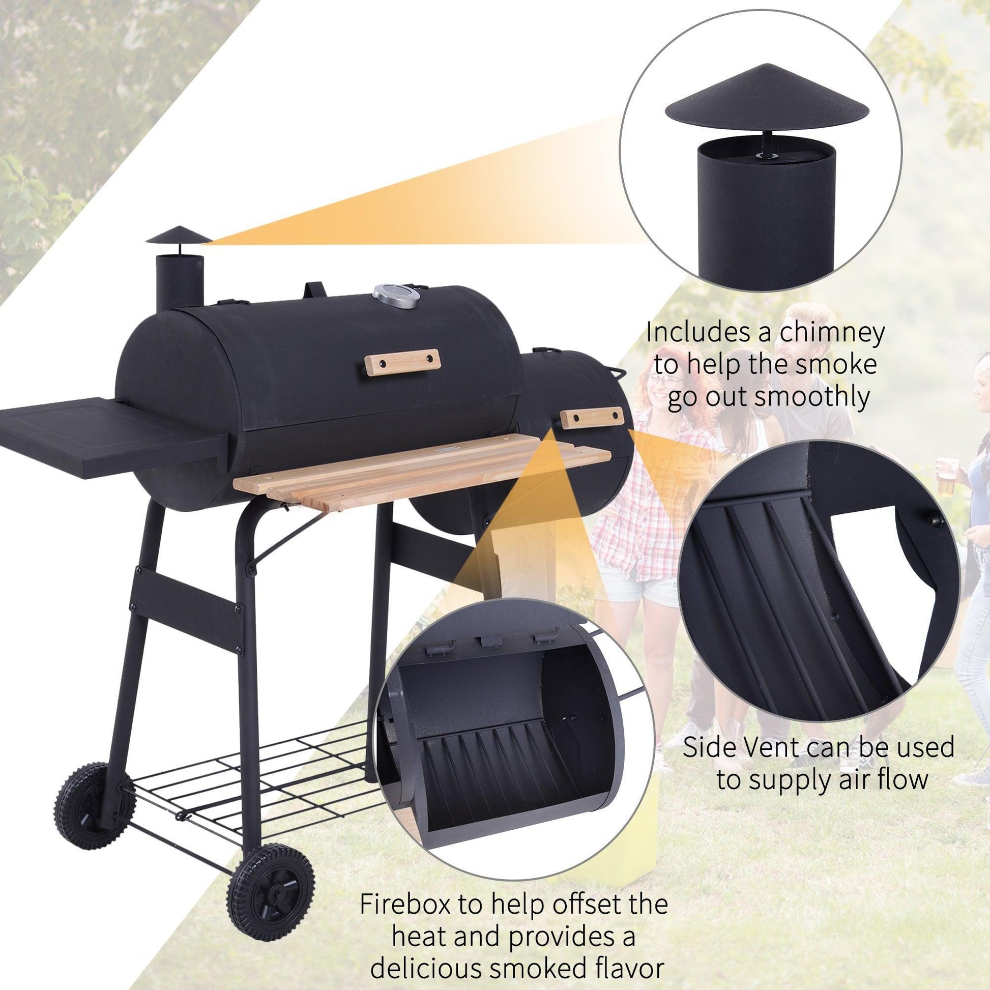 Outsunny Portable Charcoal BBQ Grill with Smoker - Trolley Design - ALL4U RETAILER LTD