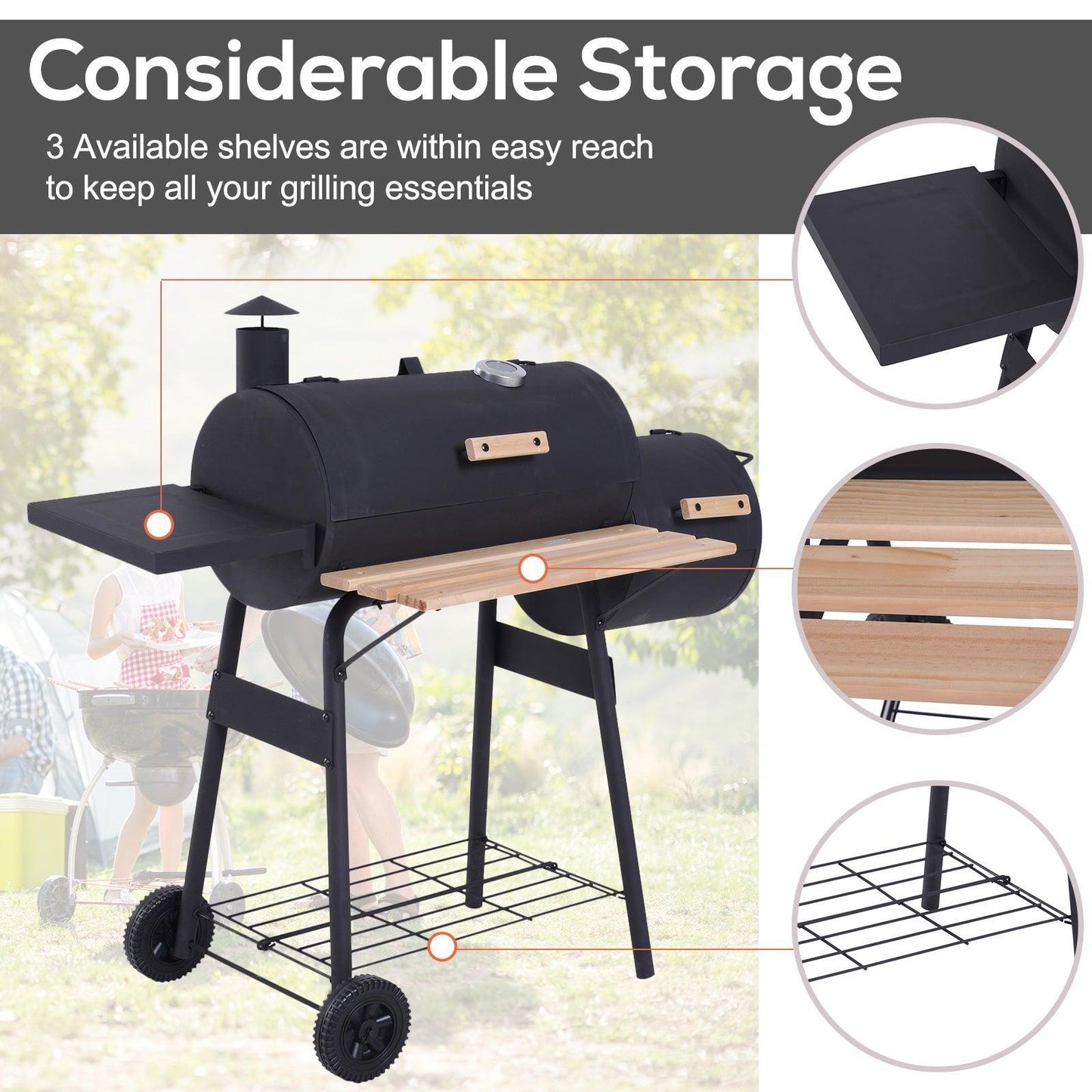 Outsunny Portable Charcoal BBQ Grill with Smoker - Trolley Design - ALL4U RETAILER LTD