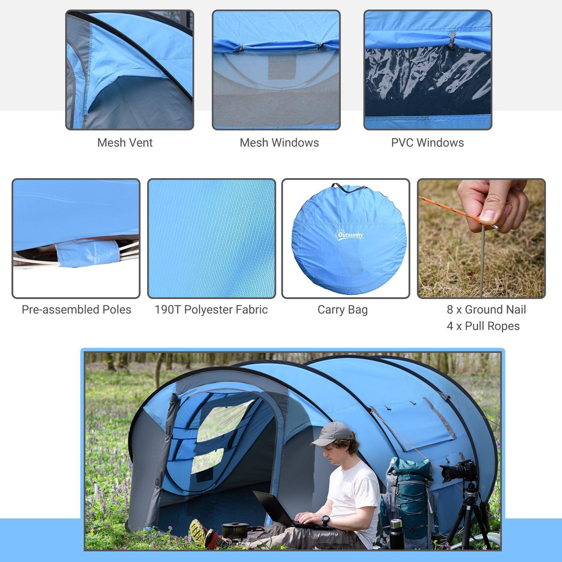 Outsunny Portable Sky Blue Camping Tent - Waterproof, 5 Person - ALL4U RETAILER LTD