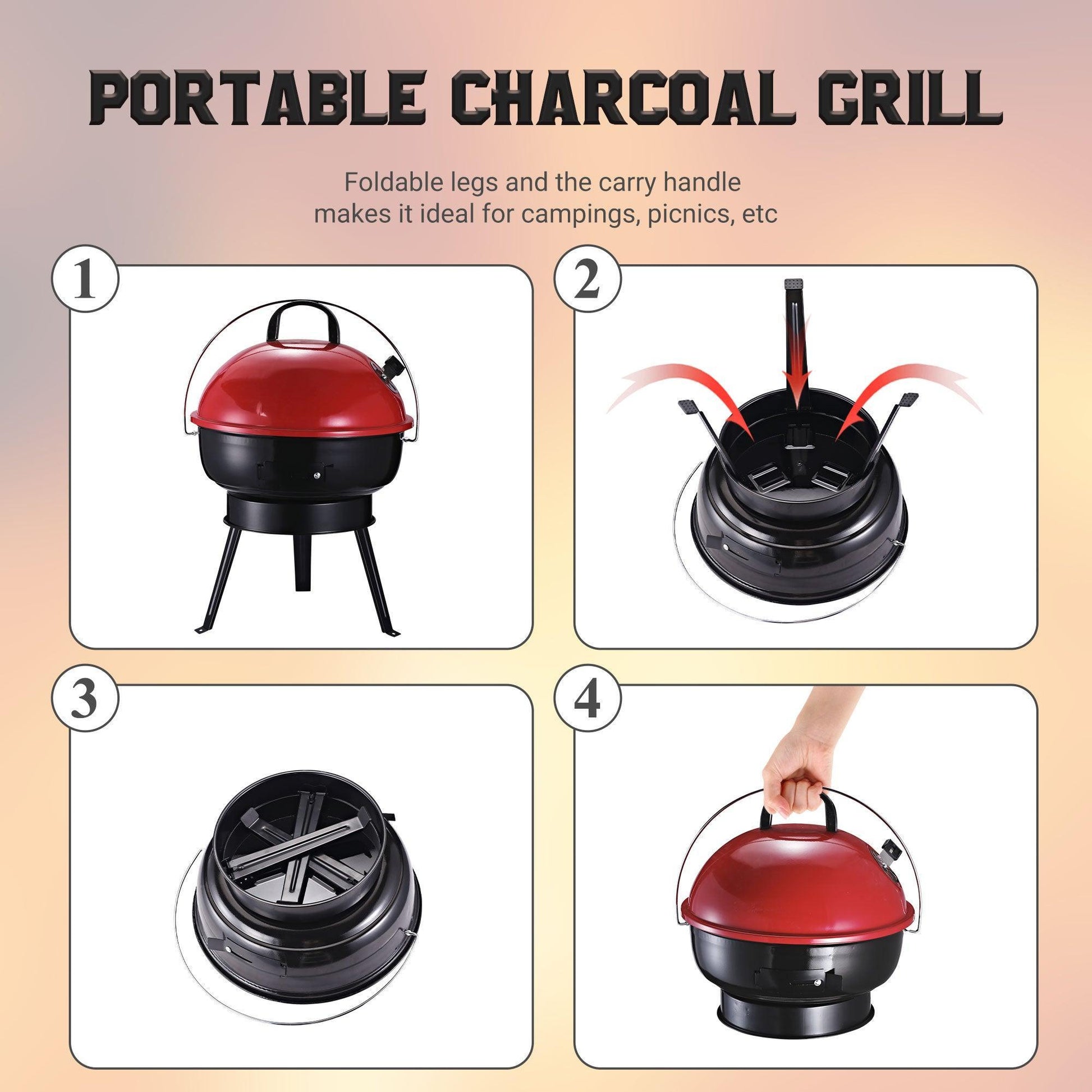 Outsunny Portable Tripod BBQ Grill: Black/Red - ALL4U RETAILER LTD