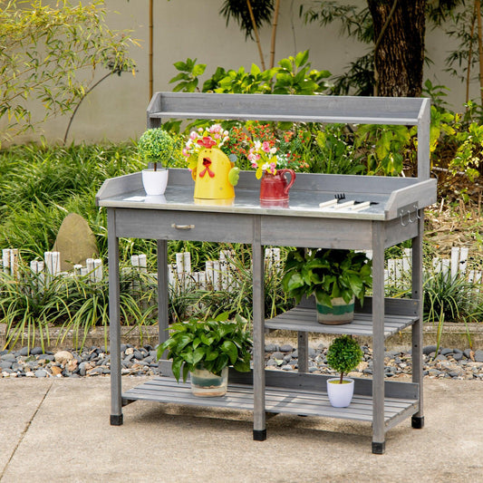 Outsunny Potting Table: Wooden Workstation with Metal Top - ALL4U RETAILER LTD